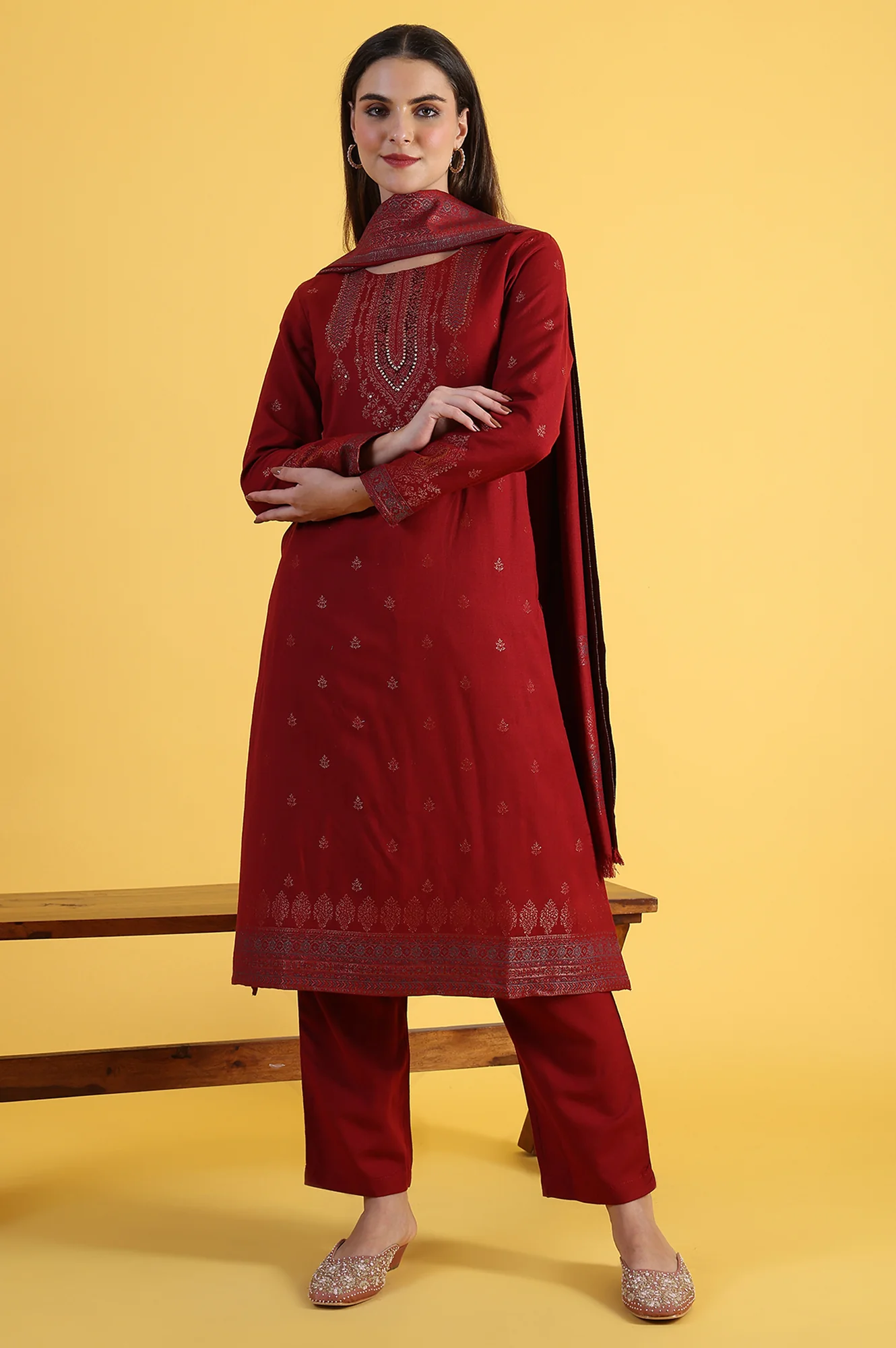 Red Yarn Dyed Sequins A-Line Kurta & Straight pant with Dupatta Set