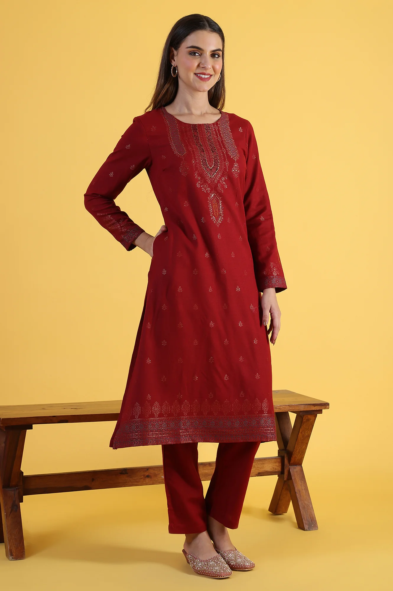 Red Yarn Dyed Sequins A-Line Kurta & Straight pant with Dupatta Set - Image 6