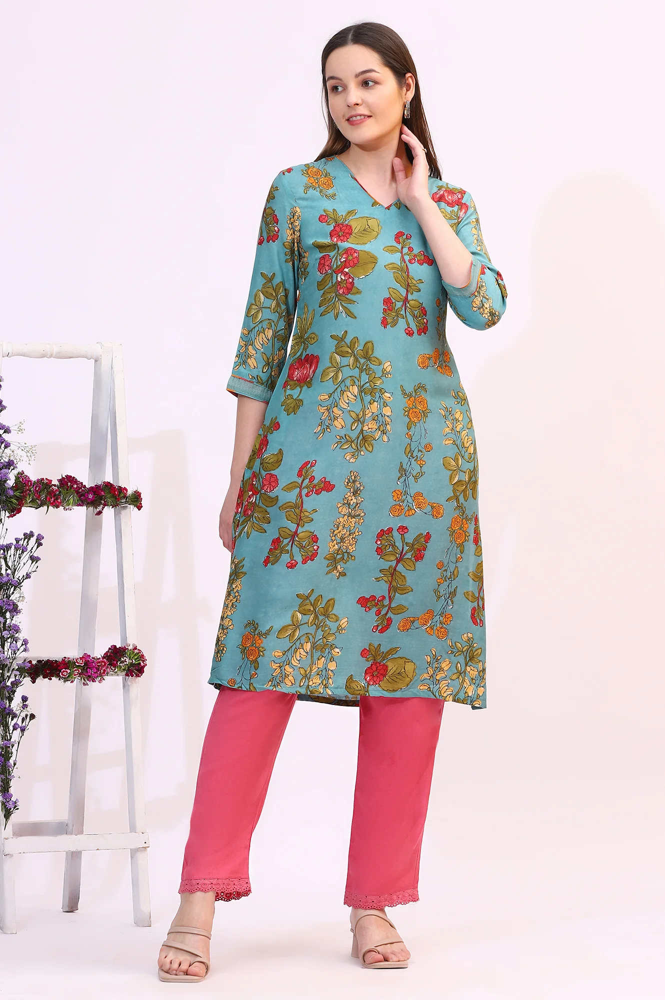 Reef Blue Floral Printed Modal A-line Kurta - Image 2