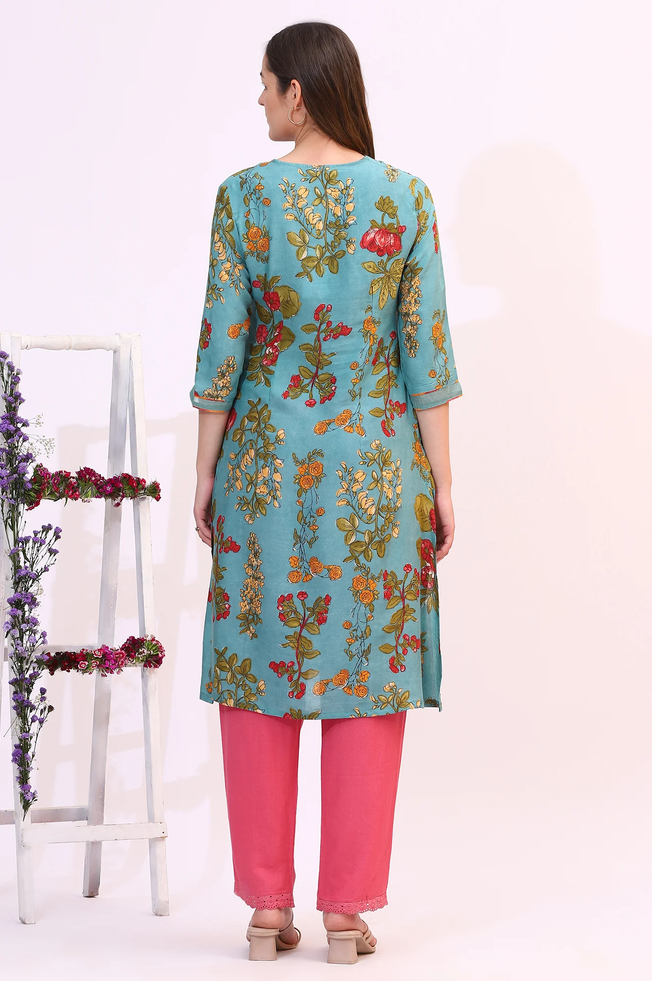 Reef Blue Floral Printed Modal A-line Kurta - Image 4