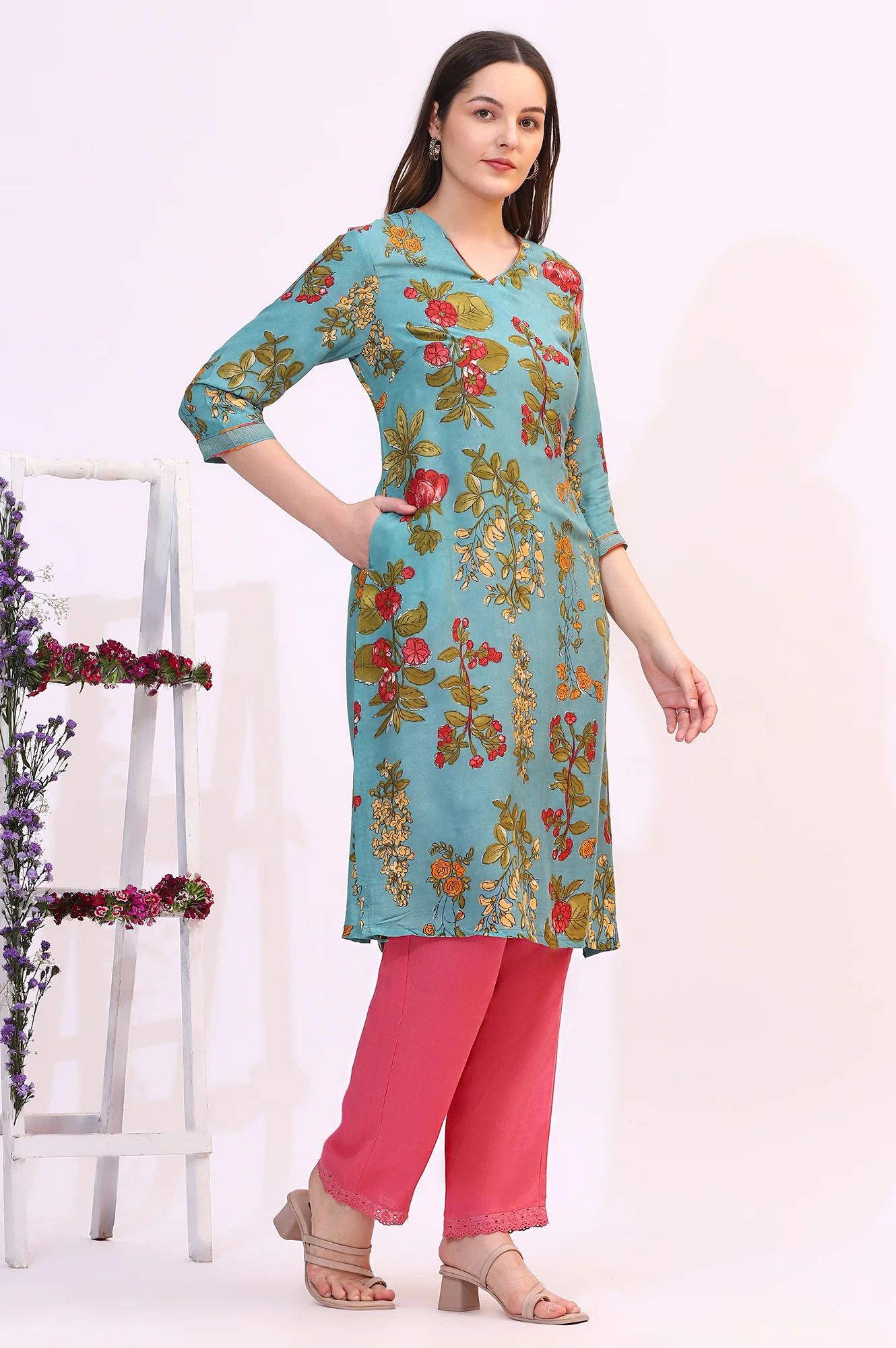 Reef Blue Floral Printed Modal A-line Kurta - Image 5