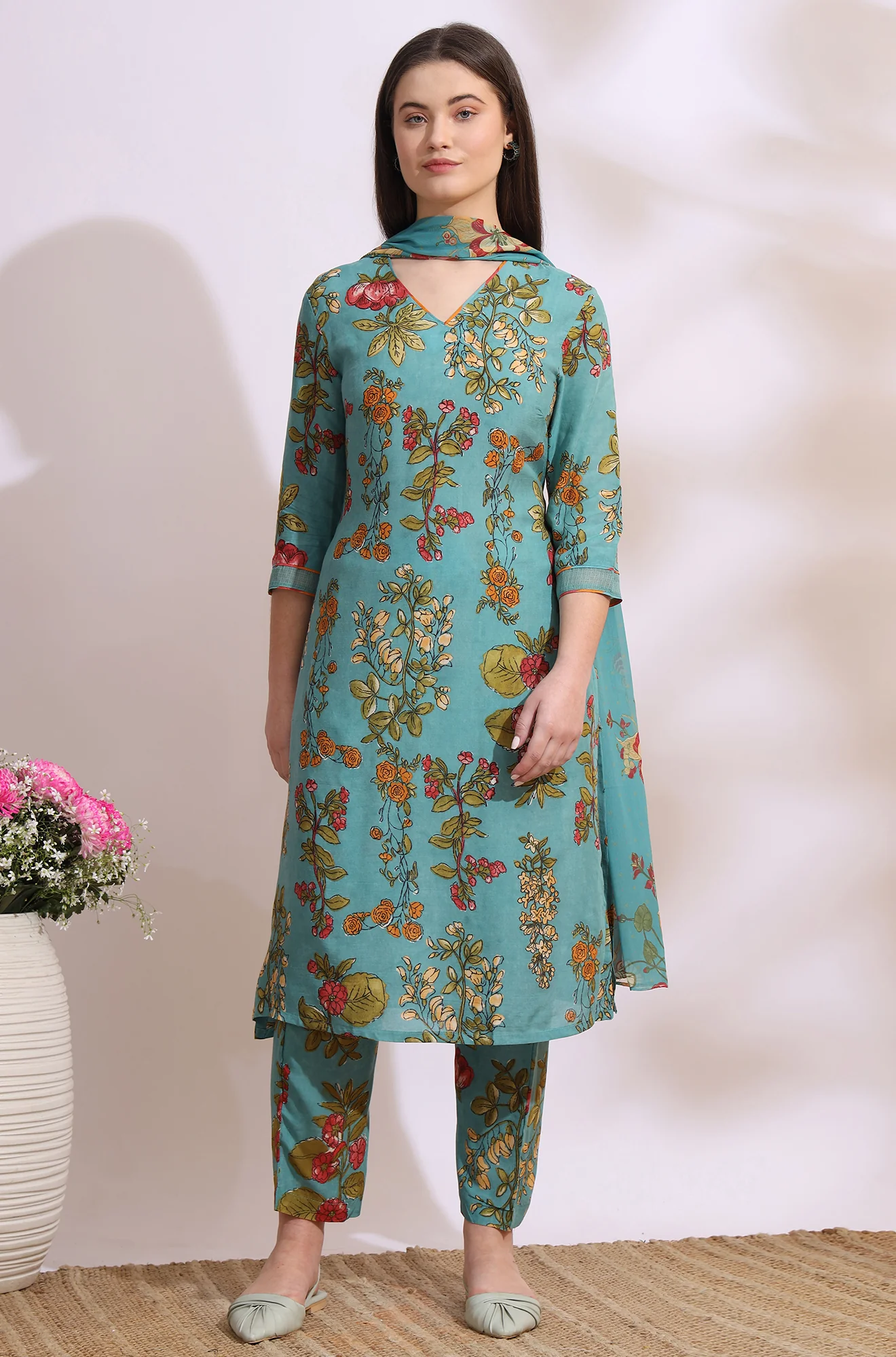 Reef Blue Floral Printed Modal Straight Kurta, Pants and Dupatta Set - Image 2