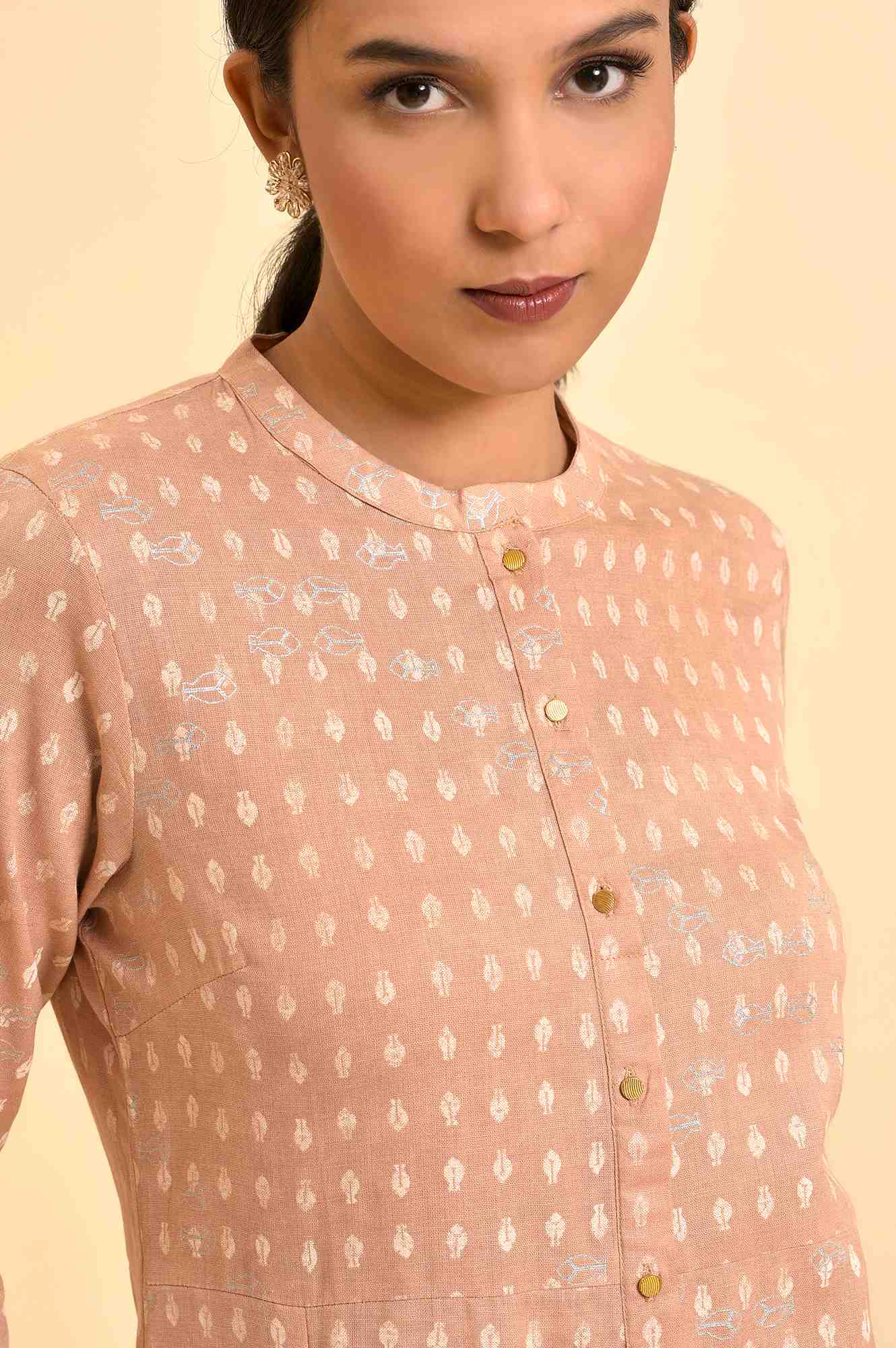 Rosedust Pink Printed Mandarin Collar Cotton Flax Kurta And Slim Pants Set - Image 6