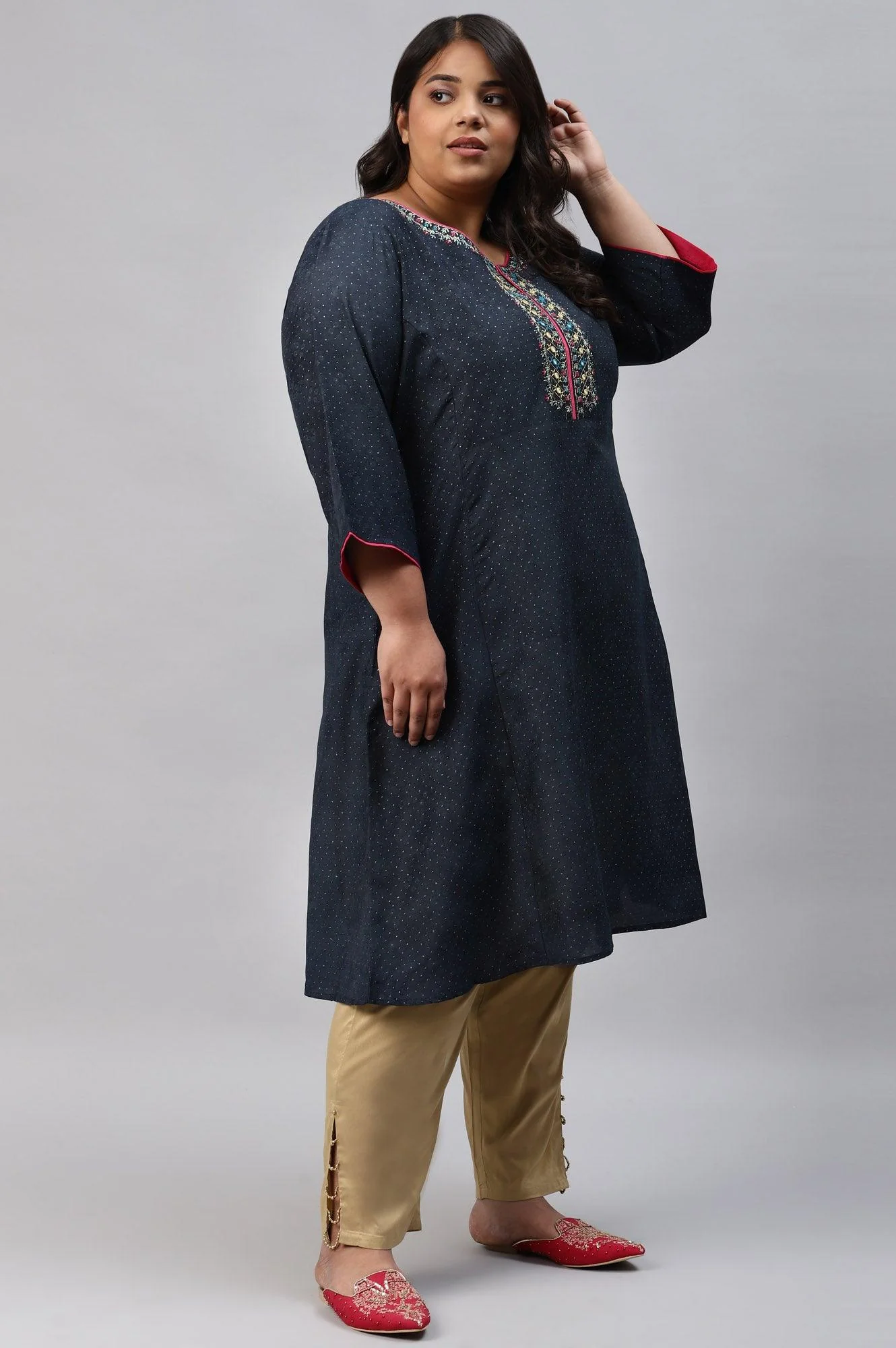 Royal Blue Glitter Printed And Embroidered Plus Size kurta - Image 4