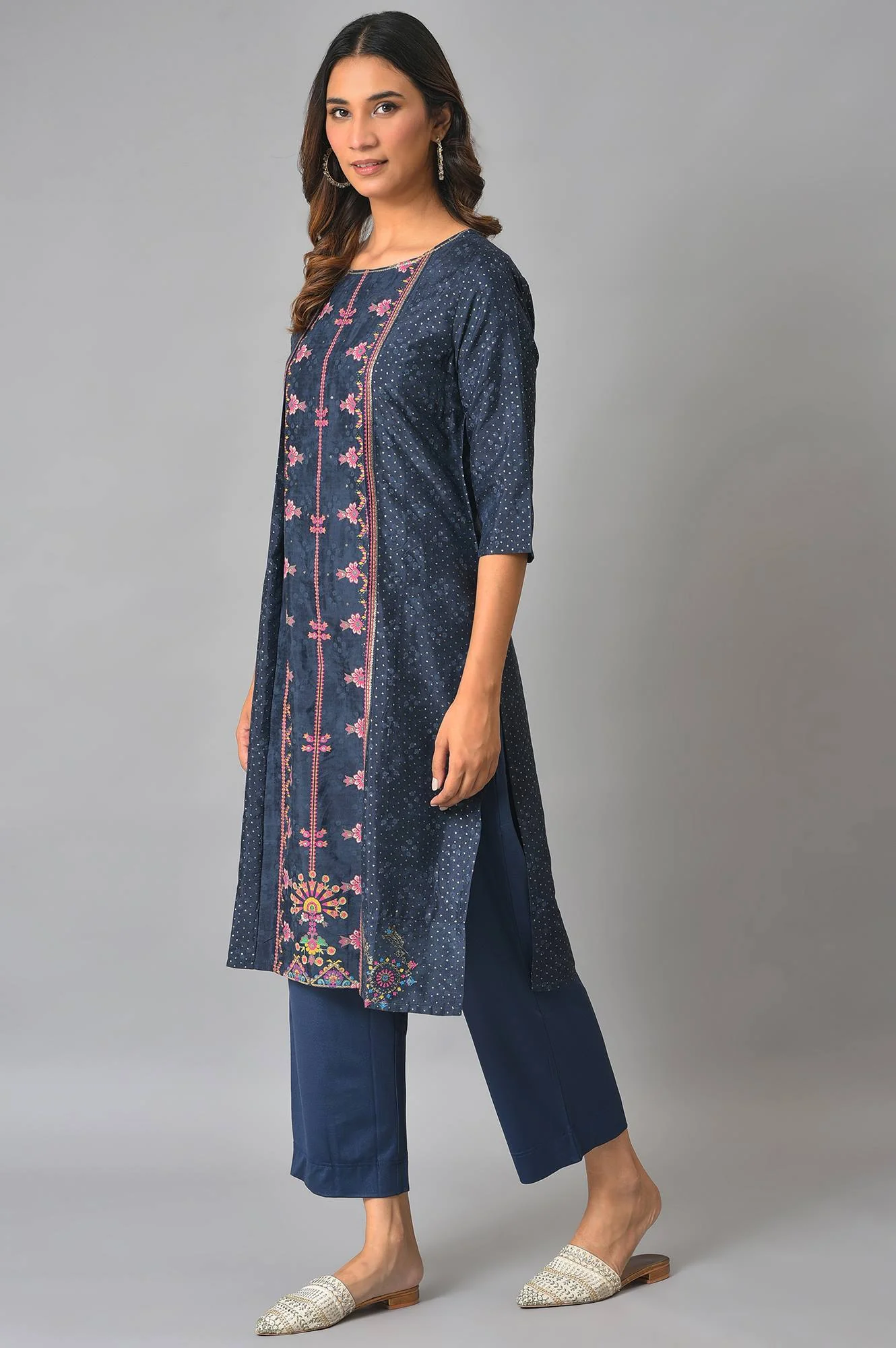 Royal Blue Mock Layered Festive Kurta - Image 3