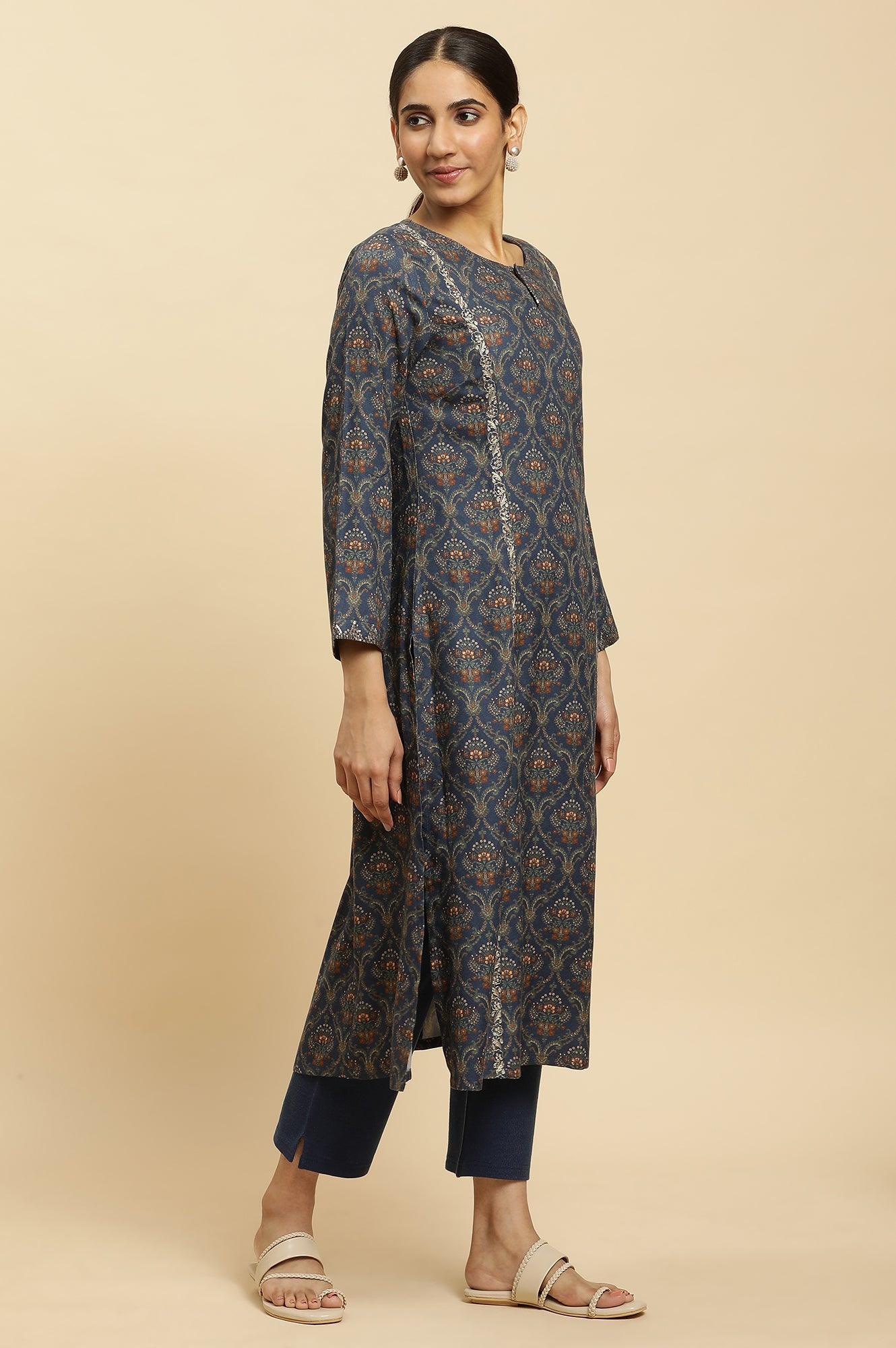 Royal Blue Printed Acrylic Kurta And Pants Set - Image 4
