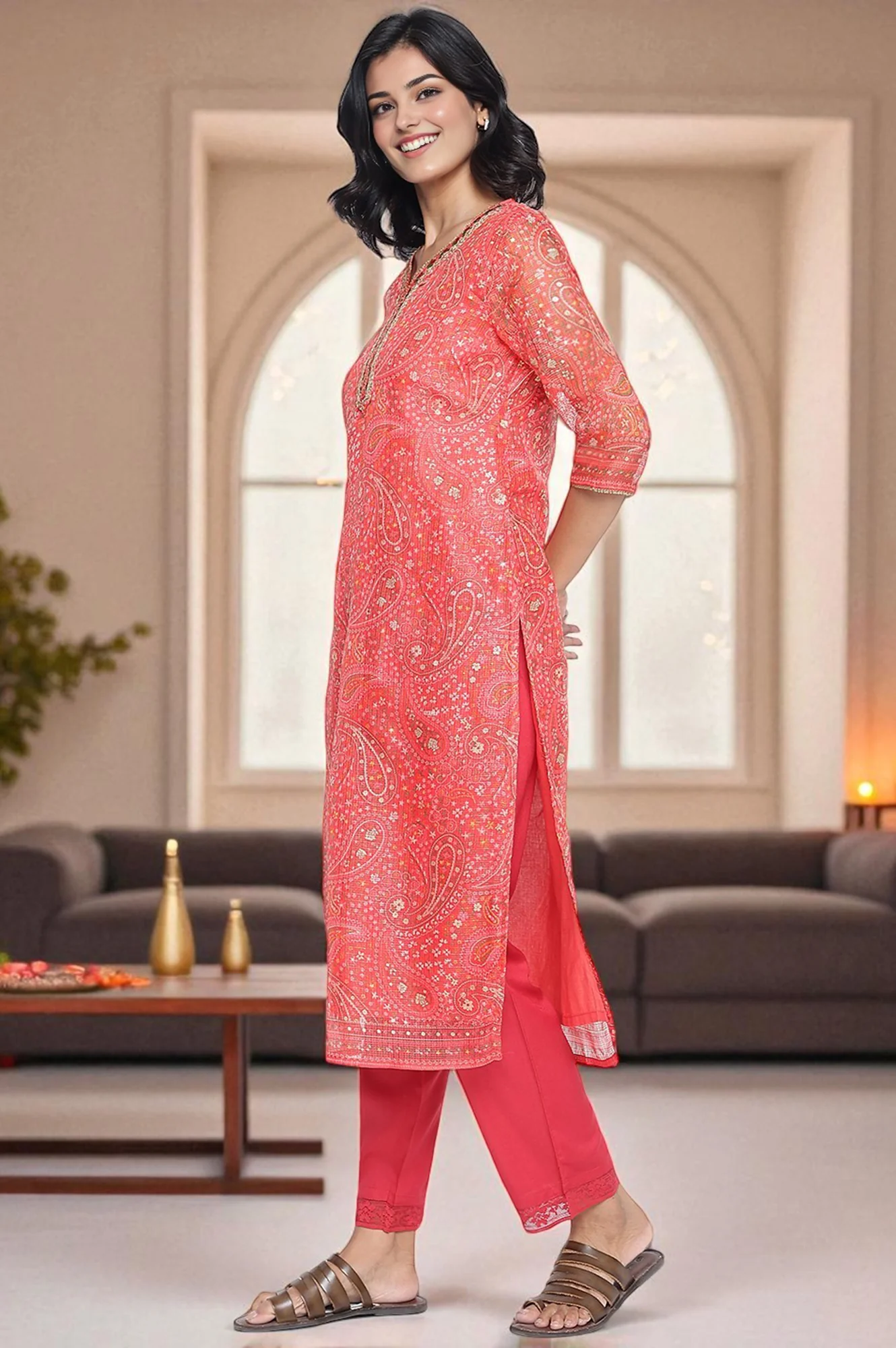 Ruby Red Printed Kota Doria Straight Kurta - Image 3
