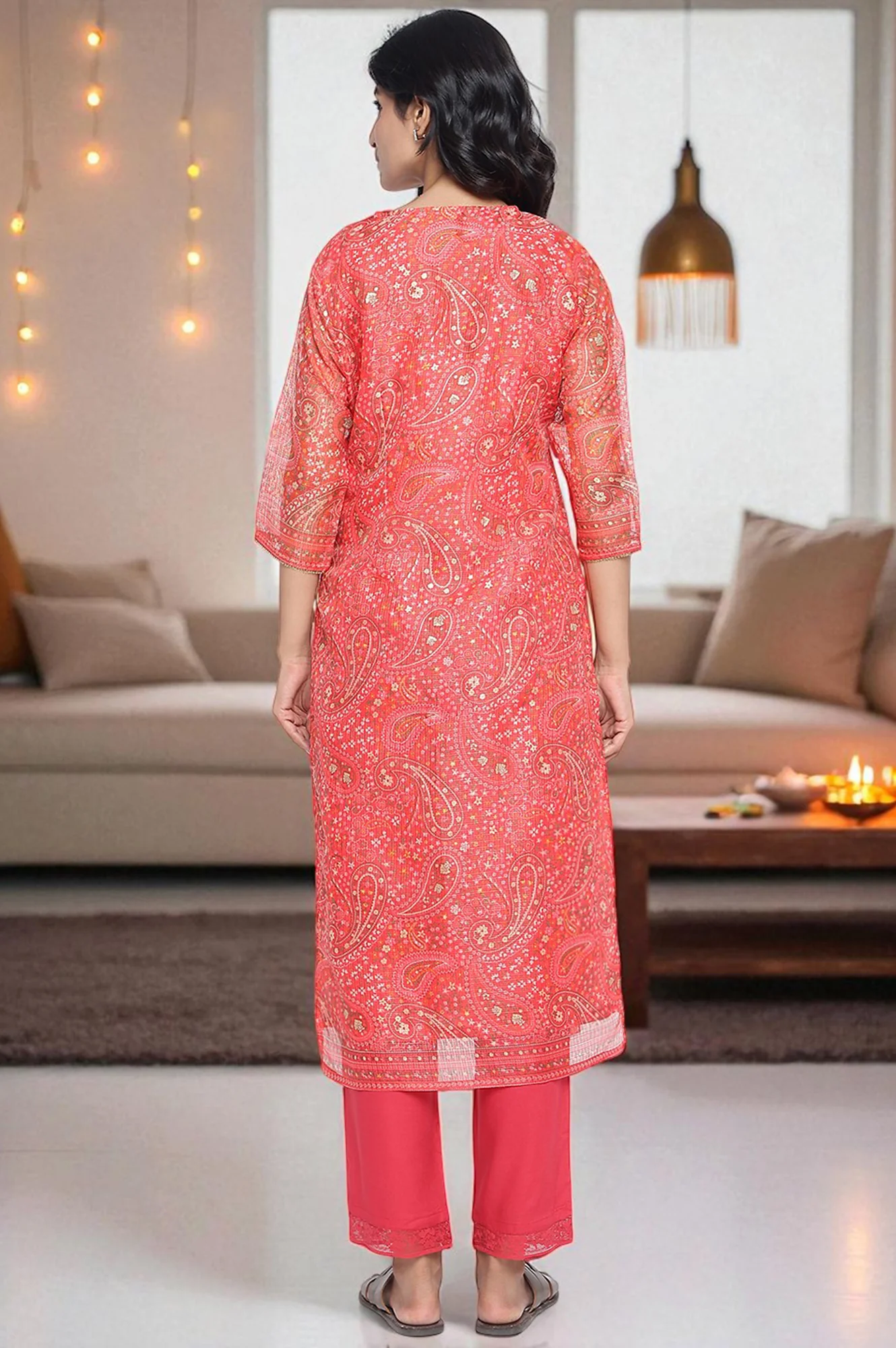 Ruby Red Printed Kota Doria Straight Kurta - Image 4