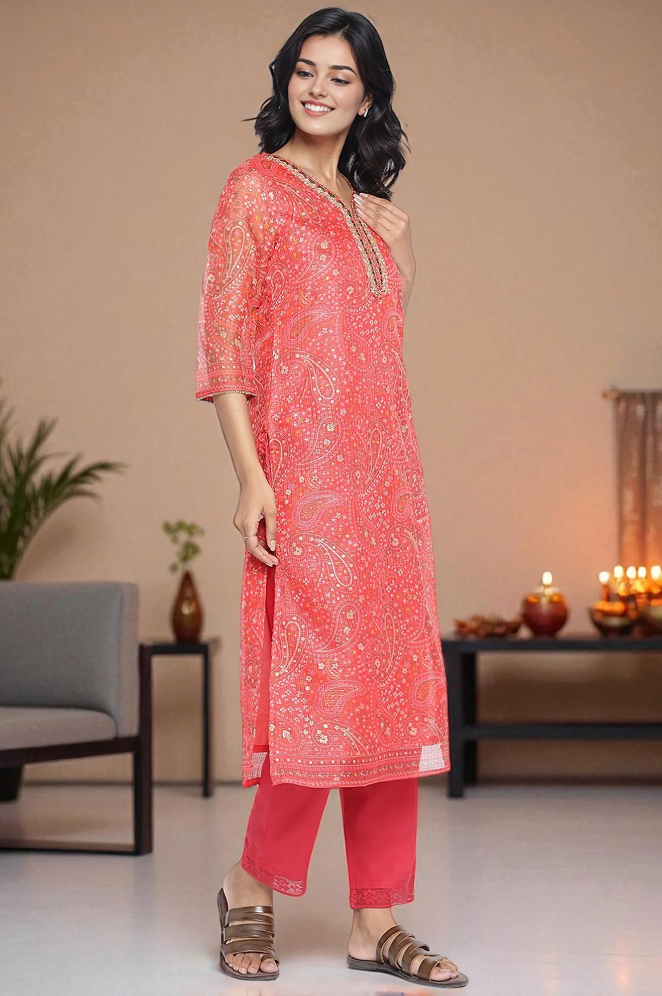 Ruby Red Printed Kota Doria Straight Kurta - Image 5