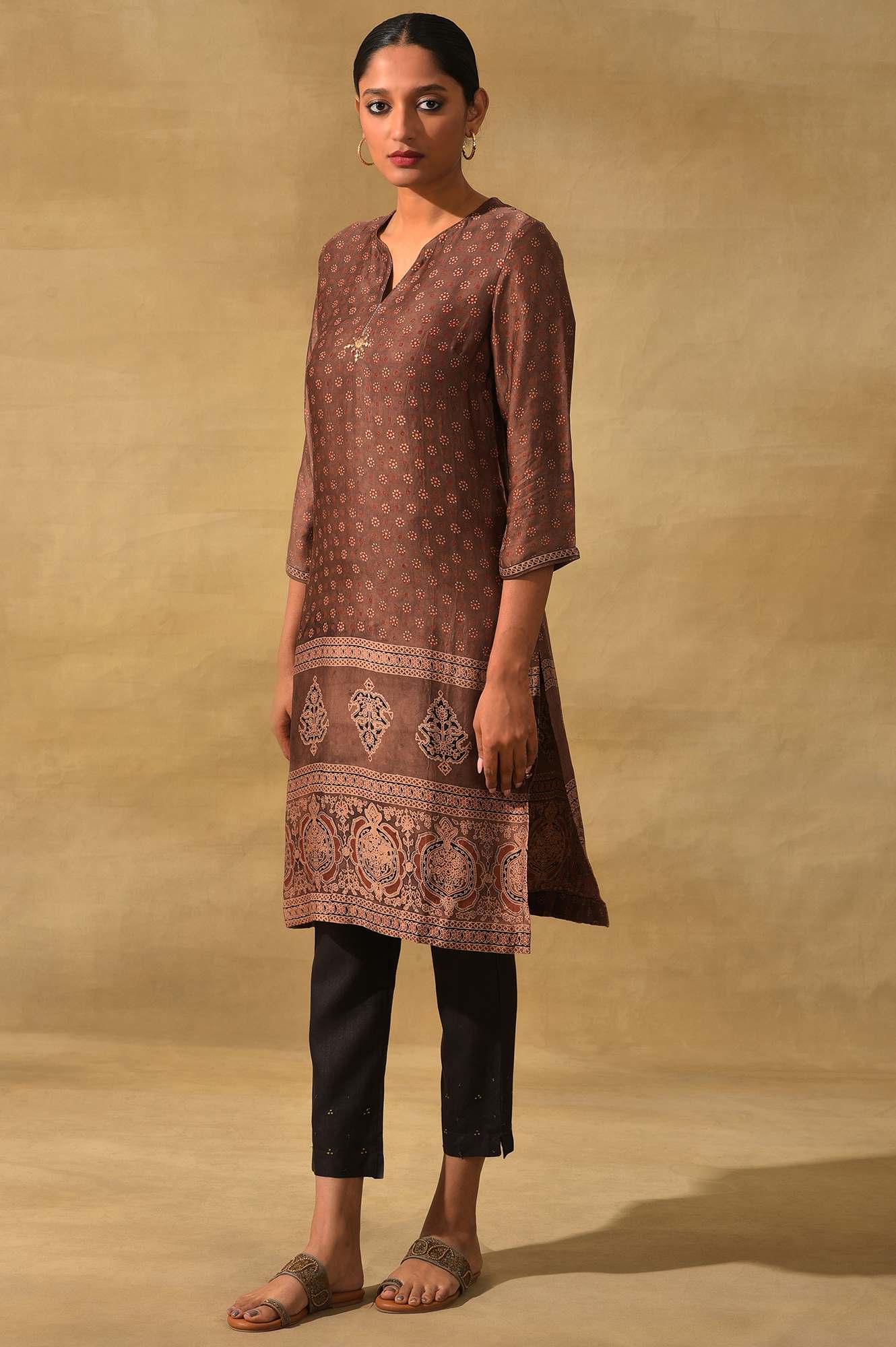 Rust Ajrakh Print kurta In Lustrous Satin - Image 3