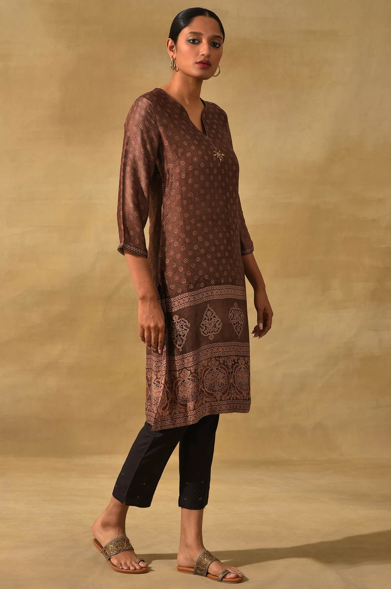 Rust Ajrakh Print kurta In Lustrous Satin - Image 4