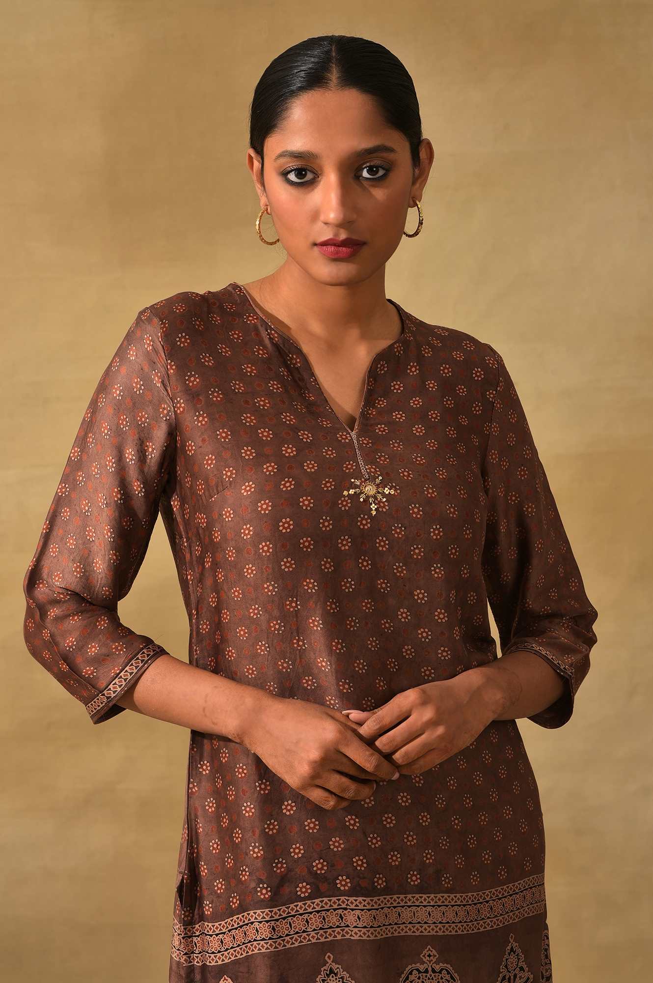 Rust Ajrakh Print kurta In Lustrous Satin - Image 5