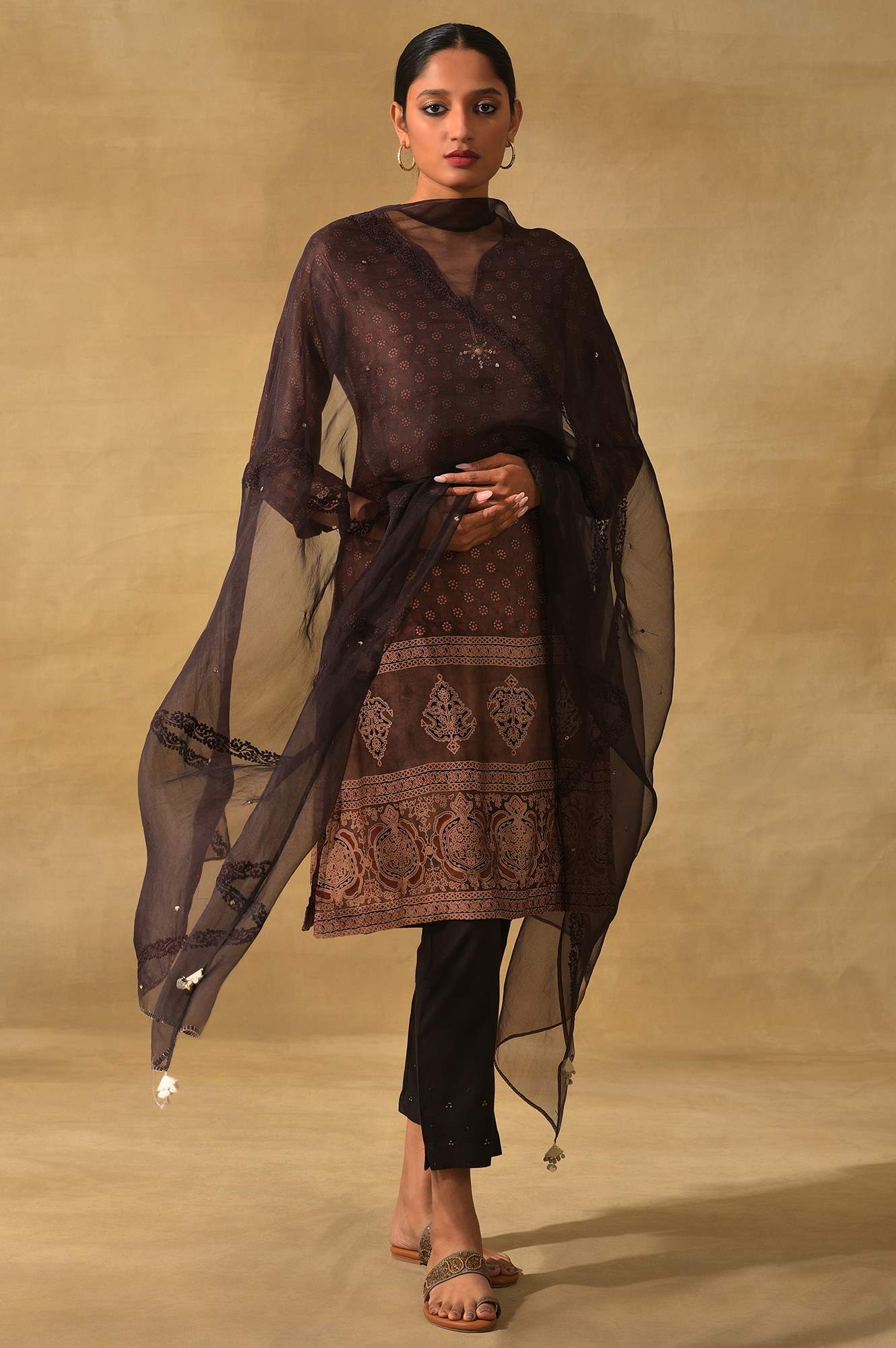 Rust Ajrakh Print kurta In Lustrous Satin - Image 6