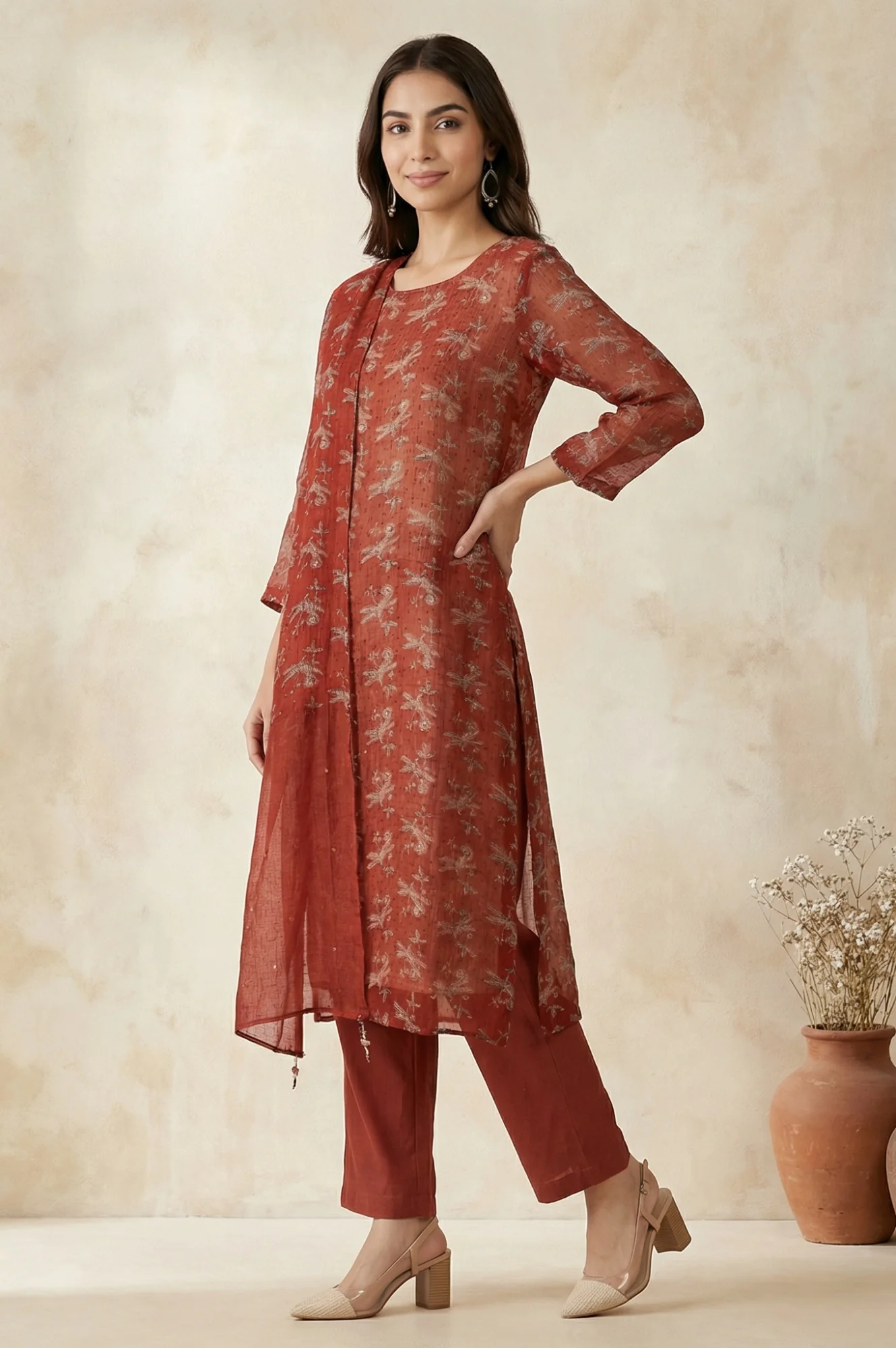 Rust Block Printed Cotton Silk Kota Straight Kurta with Pants and Dupatta Set - Image 3