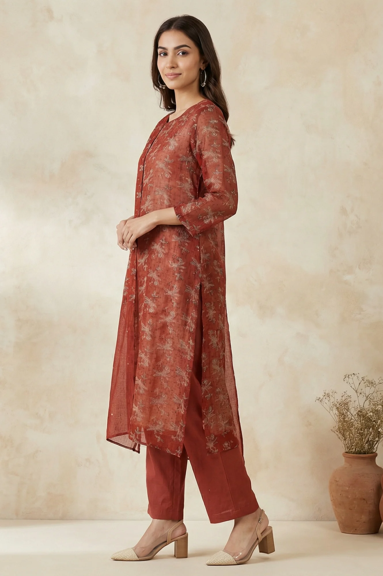 Rust Block Printed Cotton Silk Kota Straight Kurta with Pants and Dupatta Set - Image 4