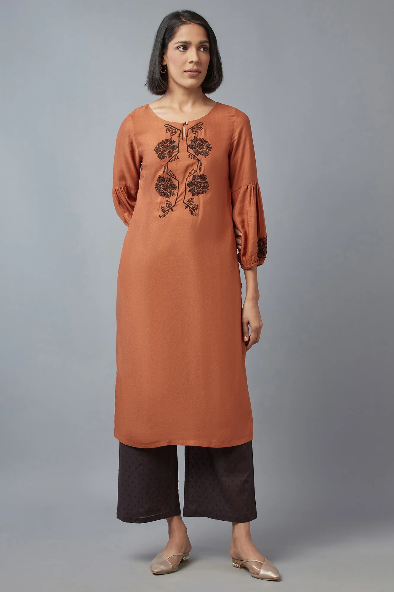 Rust Brown Embroidered kurta