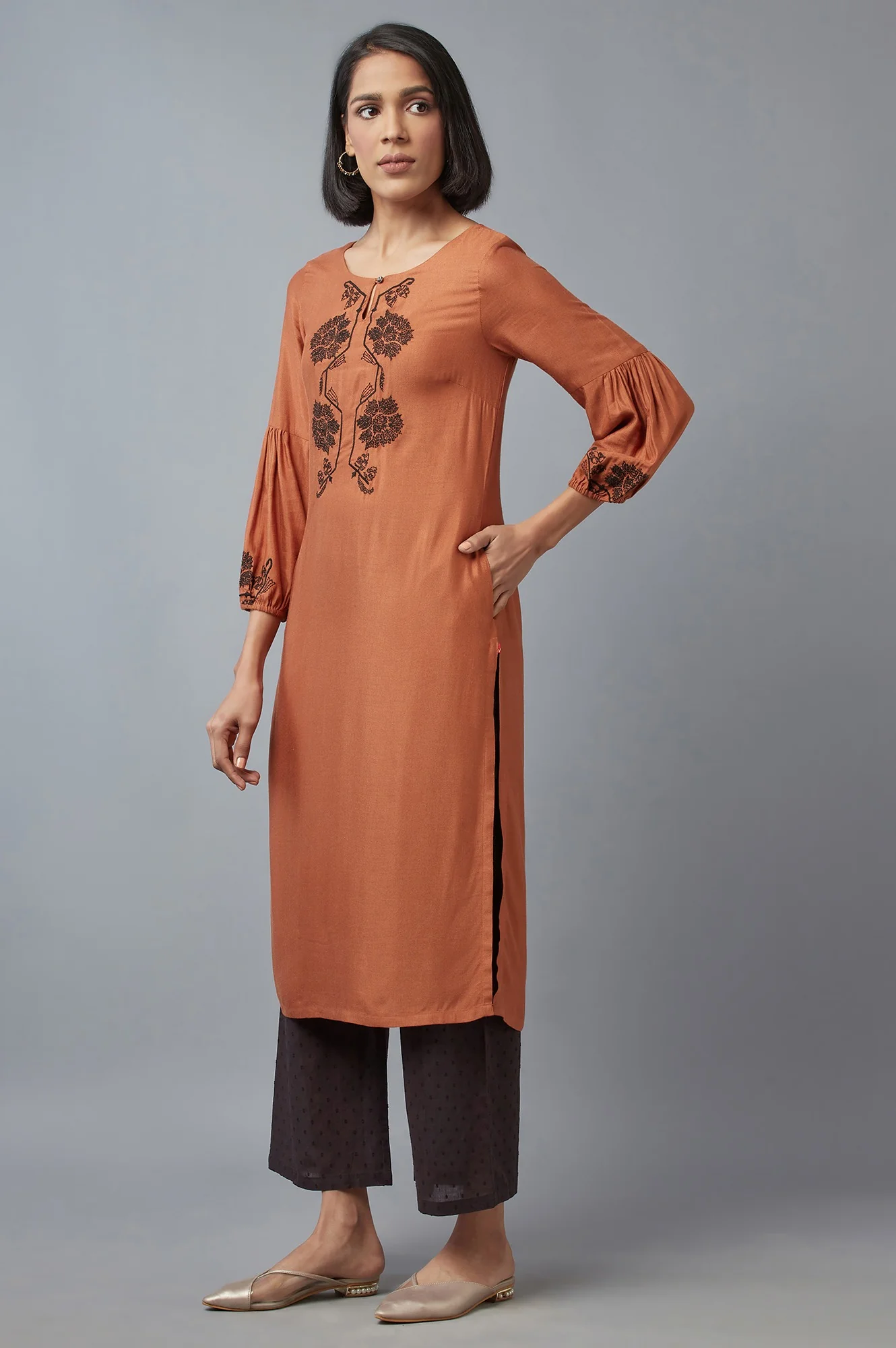 Rust Brown Embroidered kurta - Image 3
