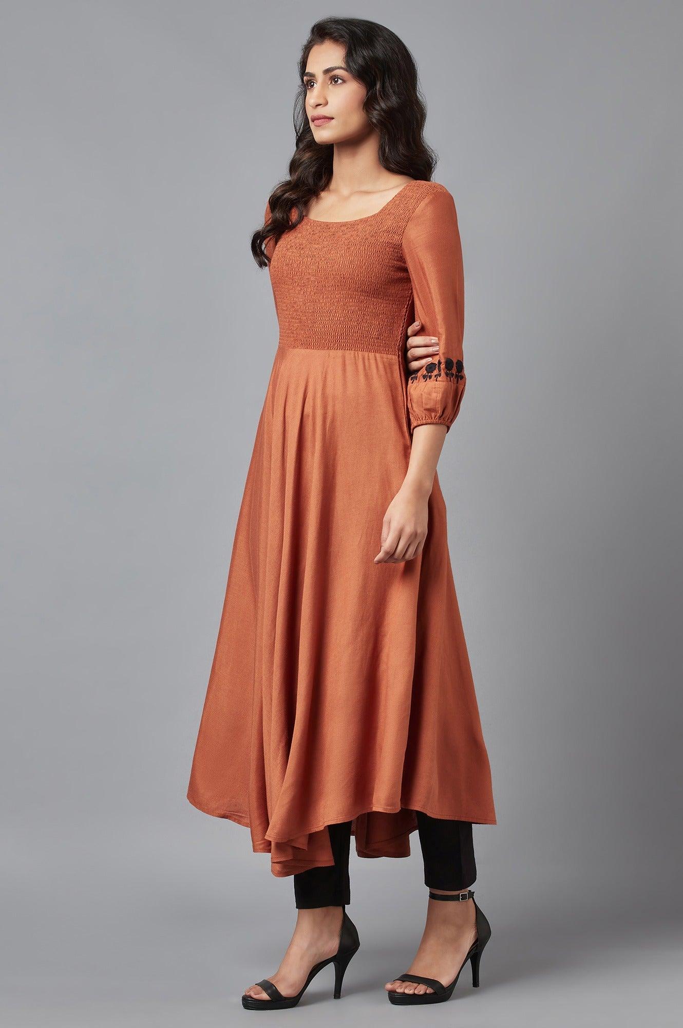 Rust Brown Solid Western Midi Dress with Embroidery on Sleeves - Image 3