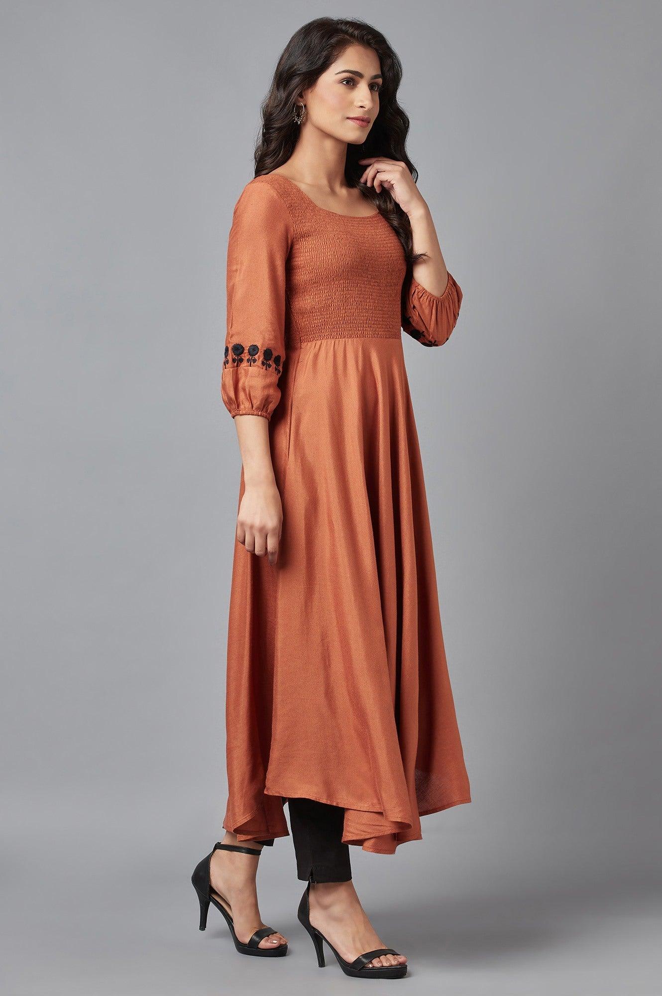 Rust Brown Solid Western Midi Dress with Embroidery on Sleeves - Image 4
