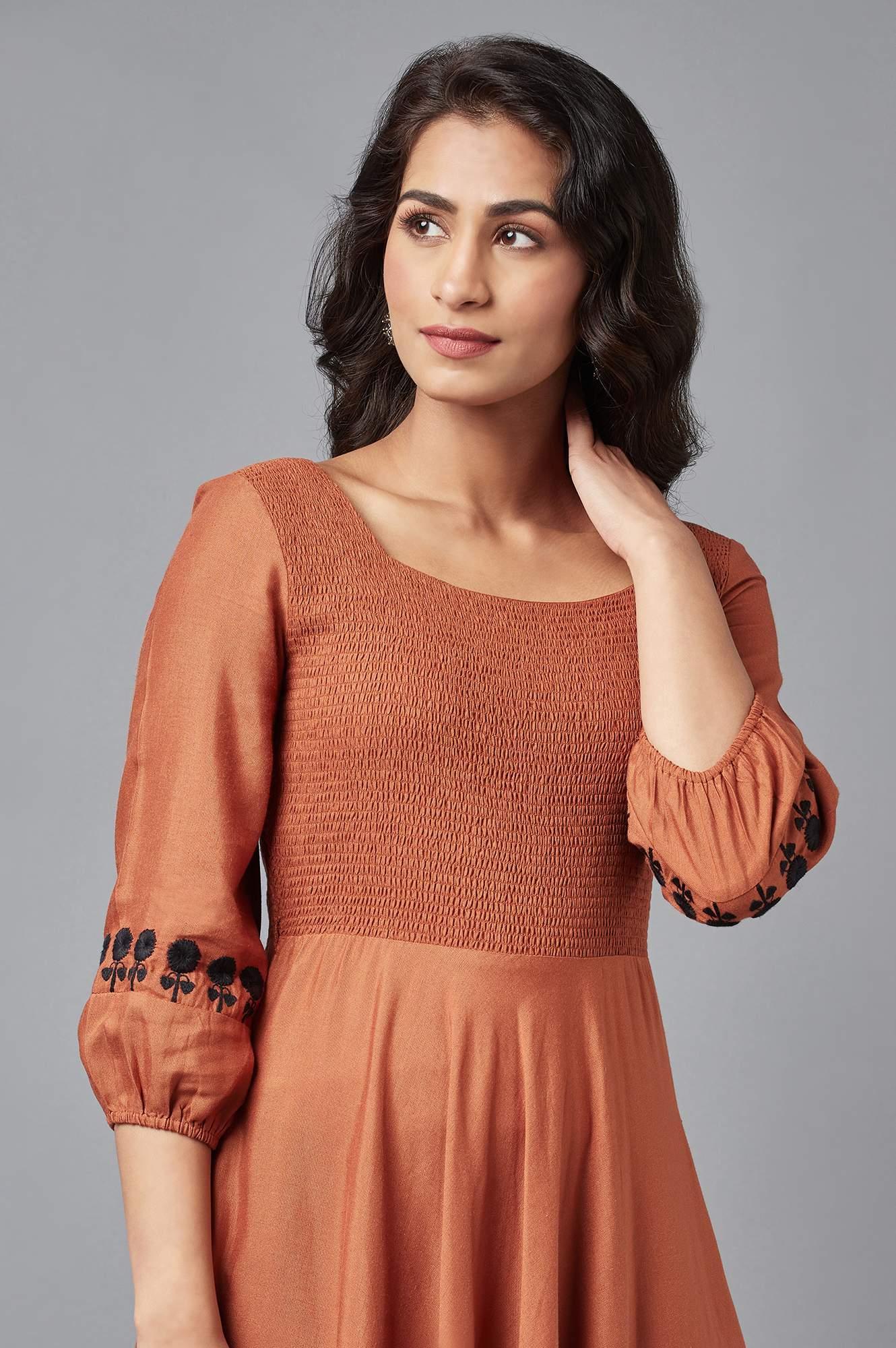 Rust Brown Solid Western Midi Dress with Embroidery on Sleeves - Image 5