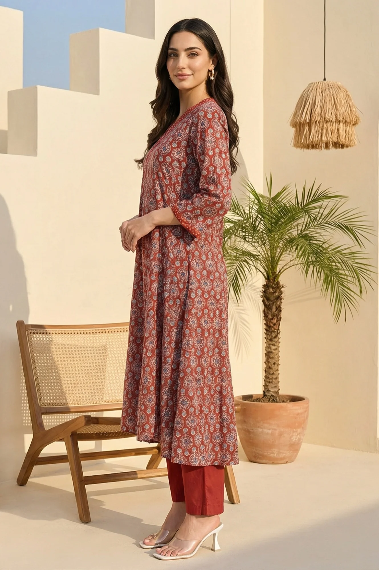 Rust Ethnic Motifs Rayon A-line Kurta - Image 2