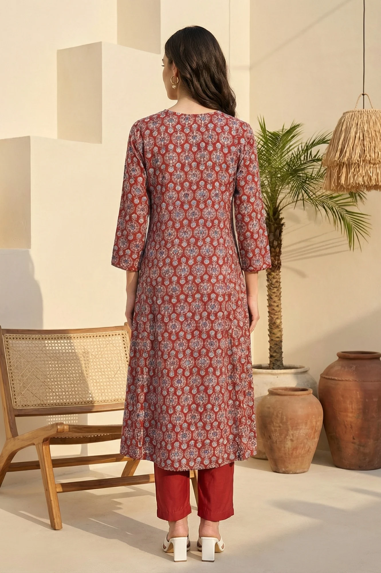 Rust Ethnic Motifs Rayon A-line Kurta - Image 3
