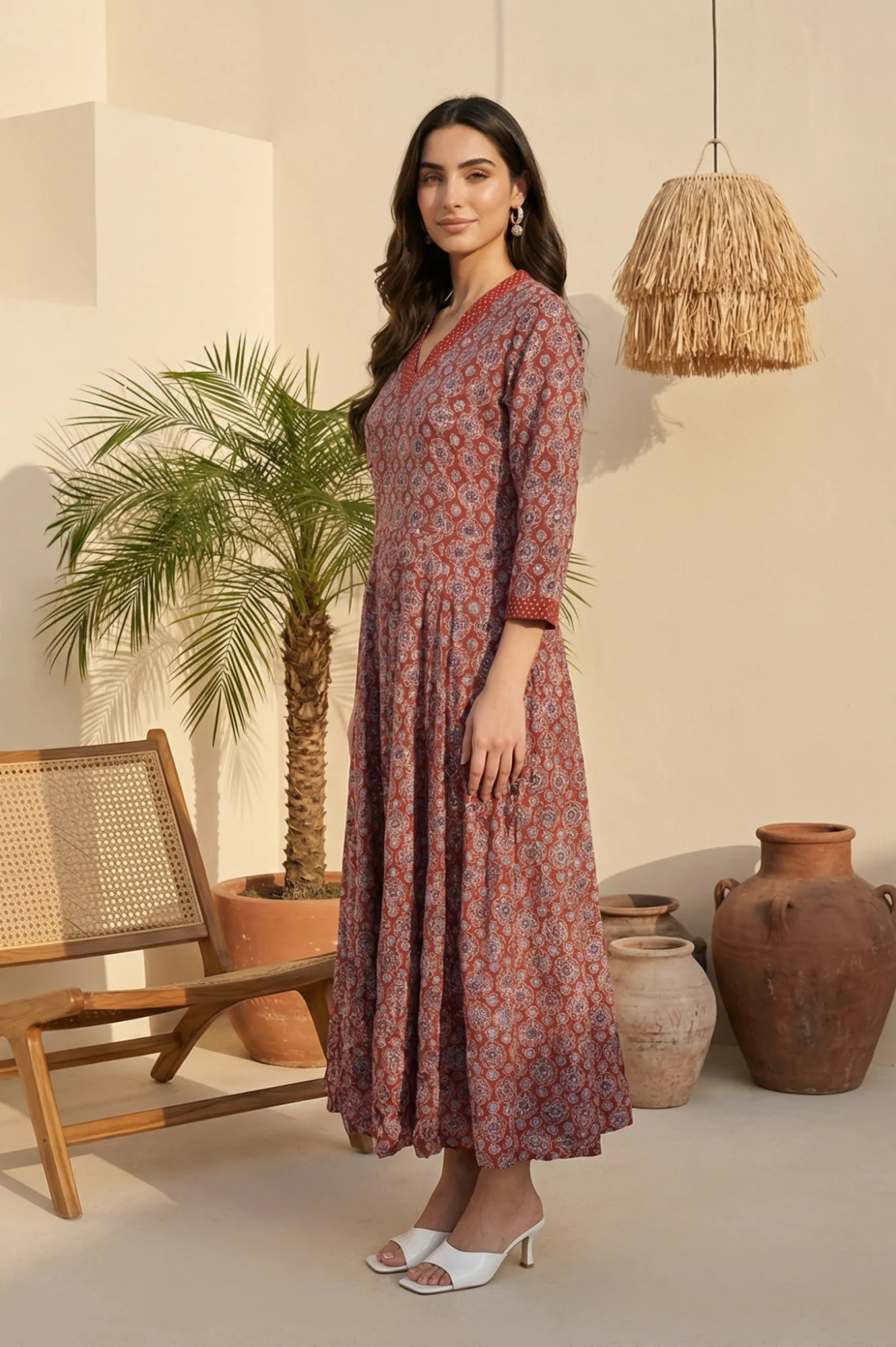 Rust Ethnic Motifs Rayon A-line Kurta - Image 4