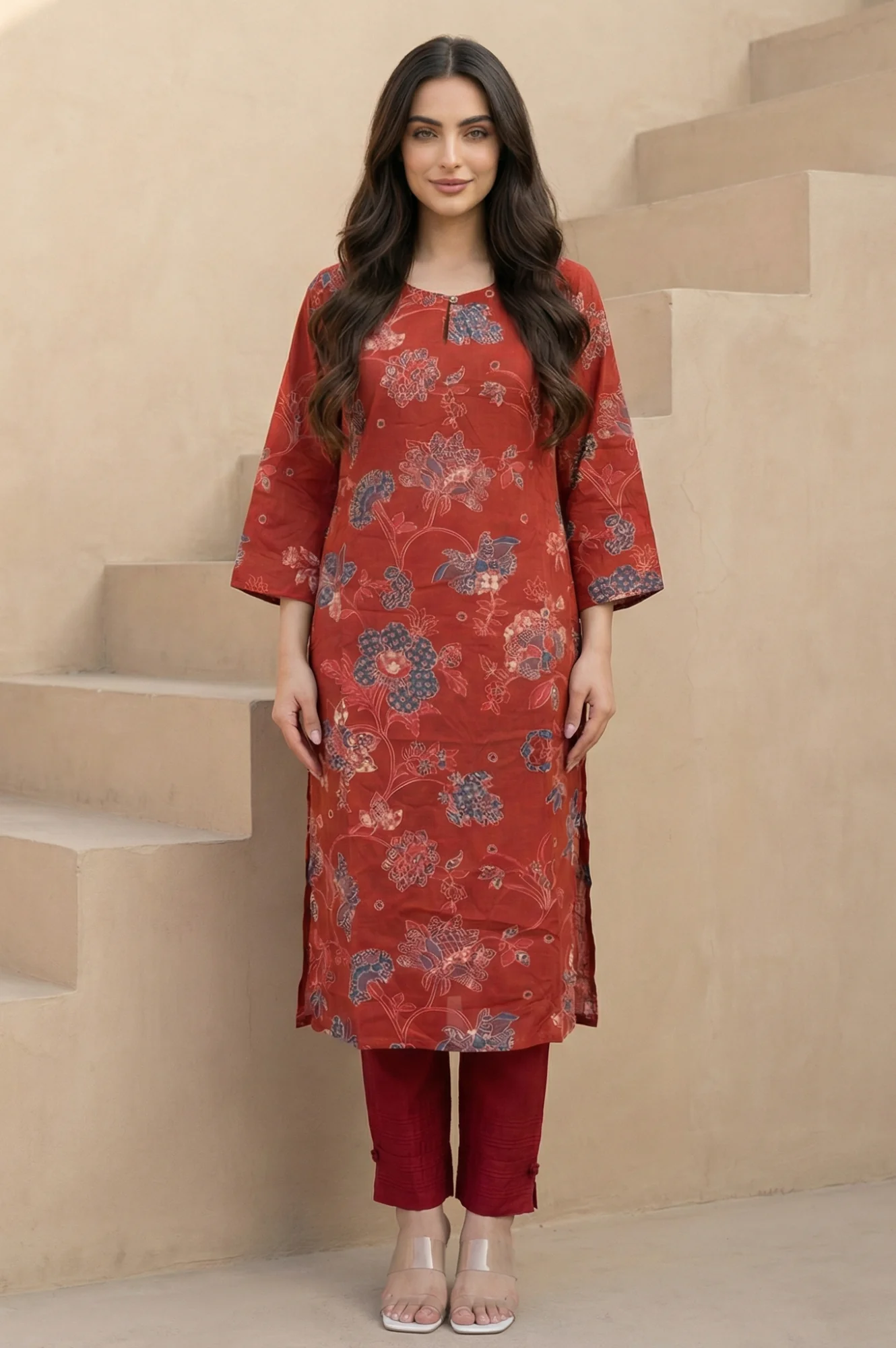 Rust Floral Printed Modal Straight Kurta