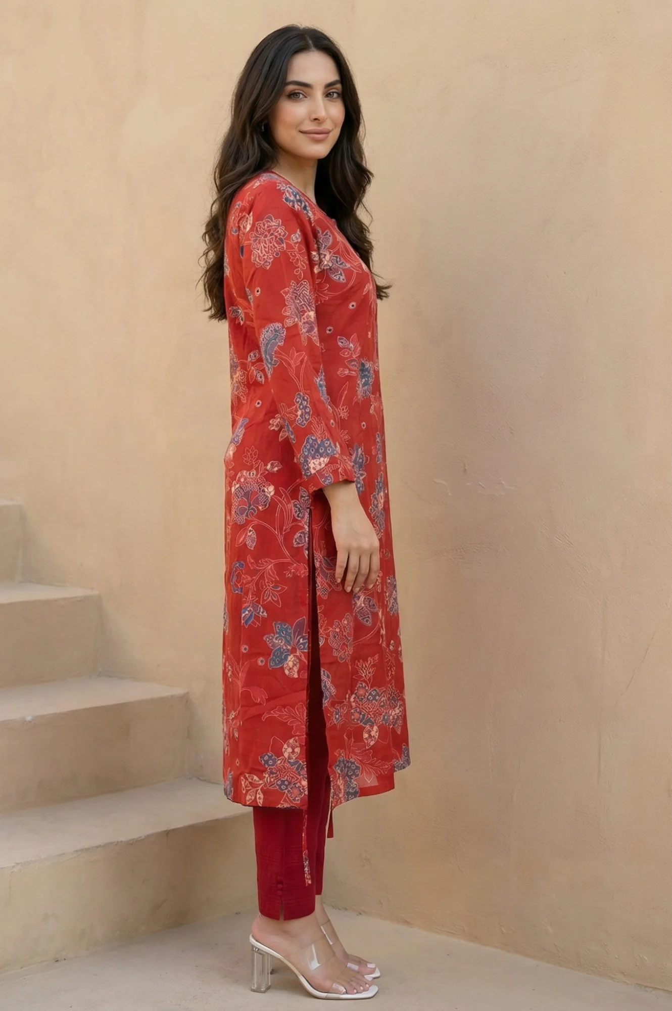 Rust Floral Printed Modal Straight Kurta - Image 5