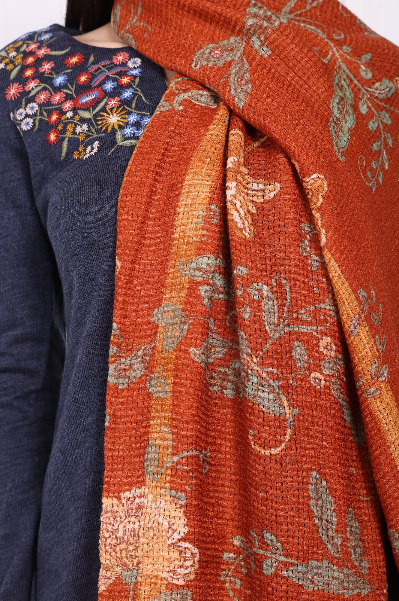 Rust Floral Printed Wool Shawl - Image 3