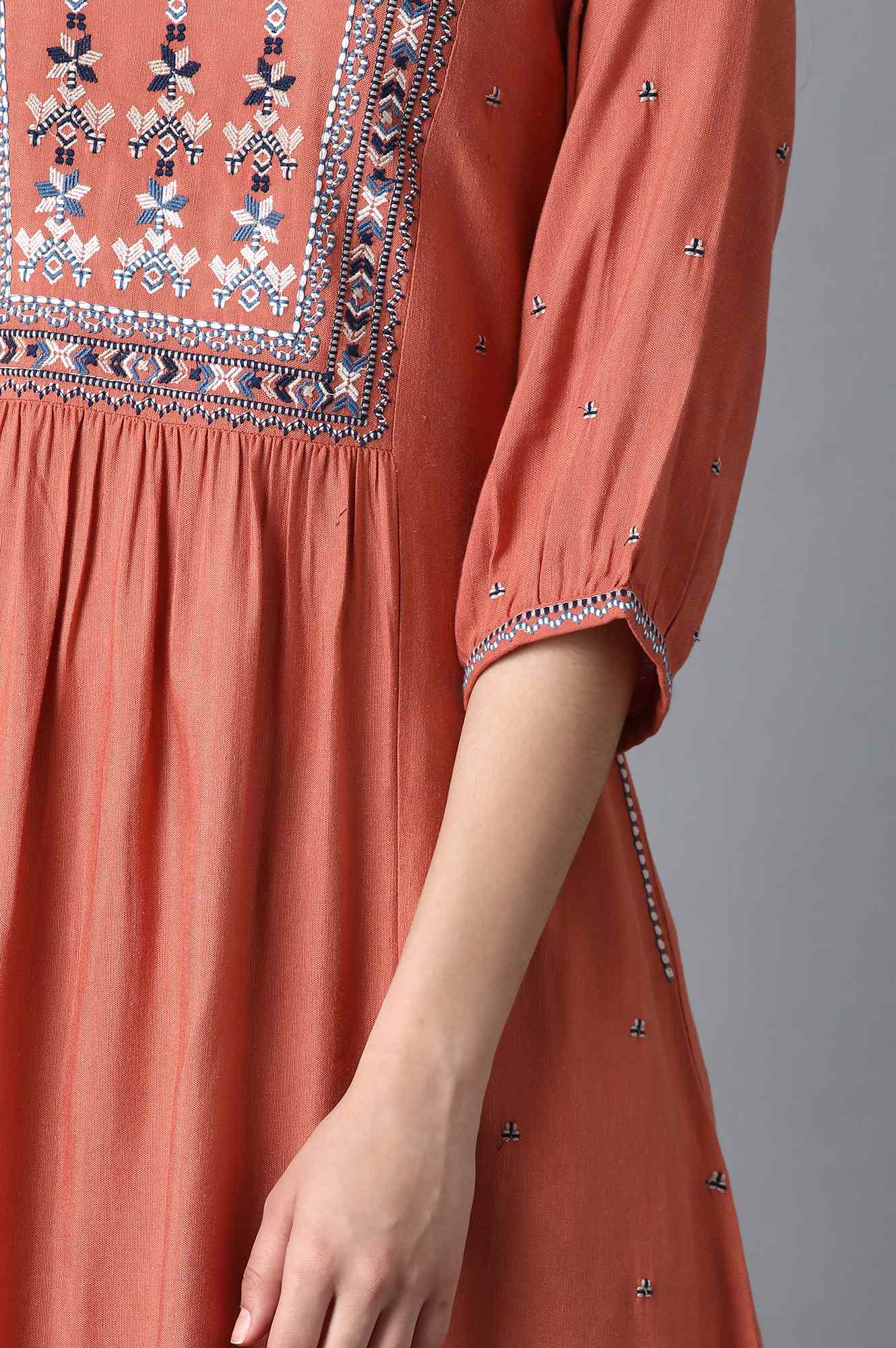 Rust Orange Cotton Kurta with Flared Hemline - Image 7