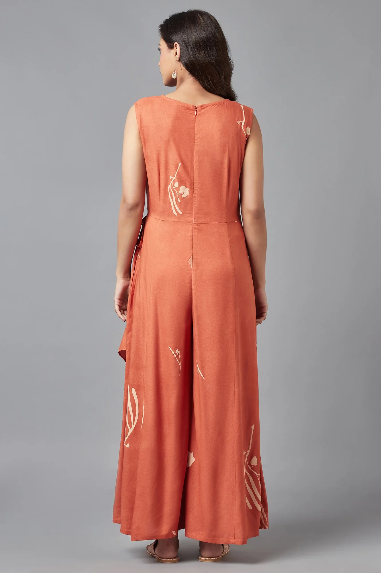 Rust Orange Sleeveless Angrakha Jumpsuit in Round Neck - Image 2