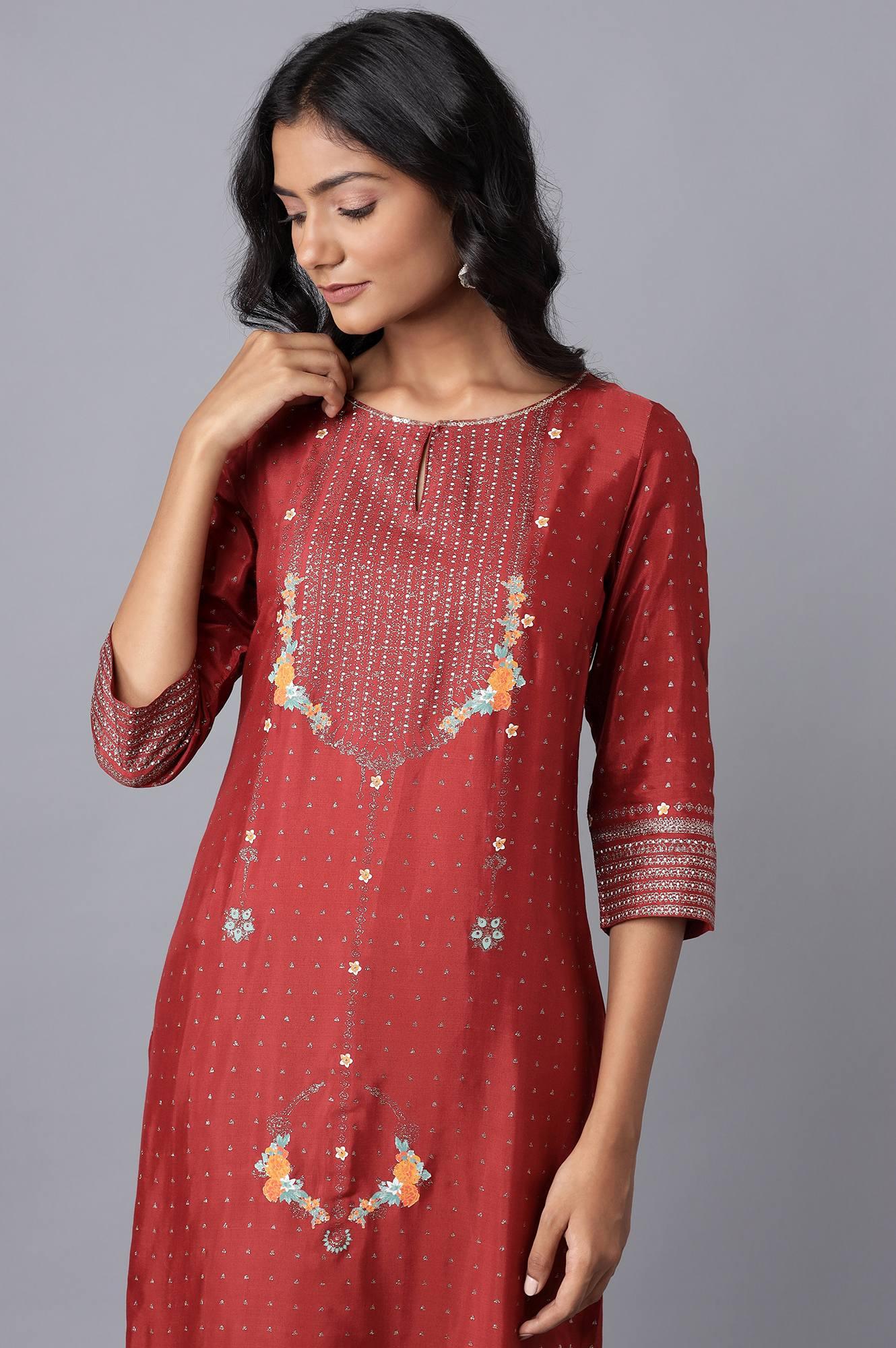 Rust Red Floral Print kurta - Image 5