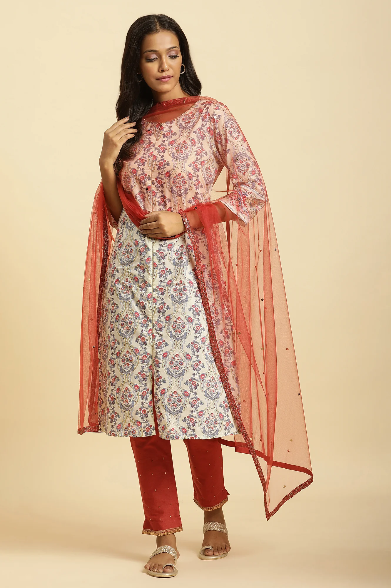 Rust Red Net Dupatta with Glitter Tape Border