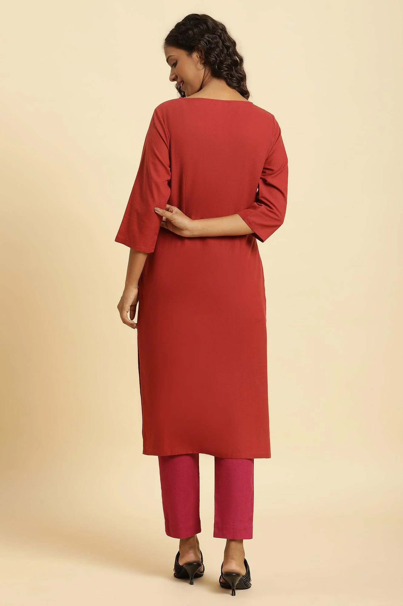 Rust Red Solid Cotton Straight Kurta - Image 4