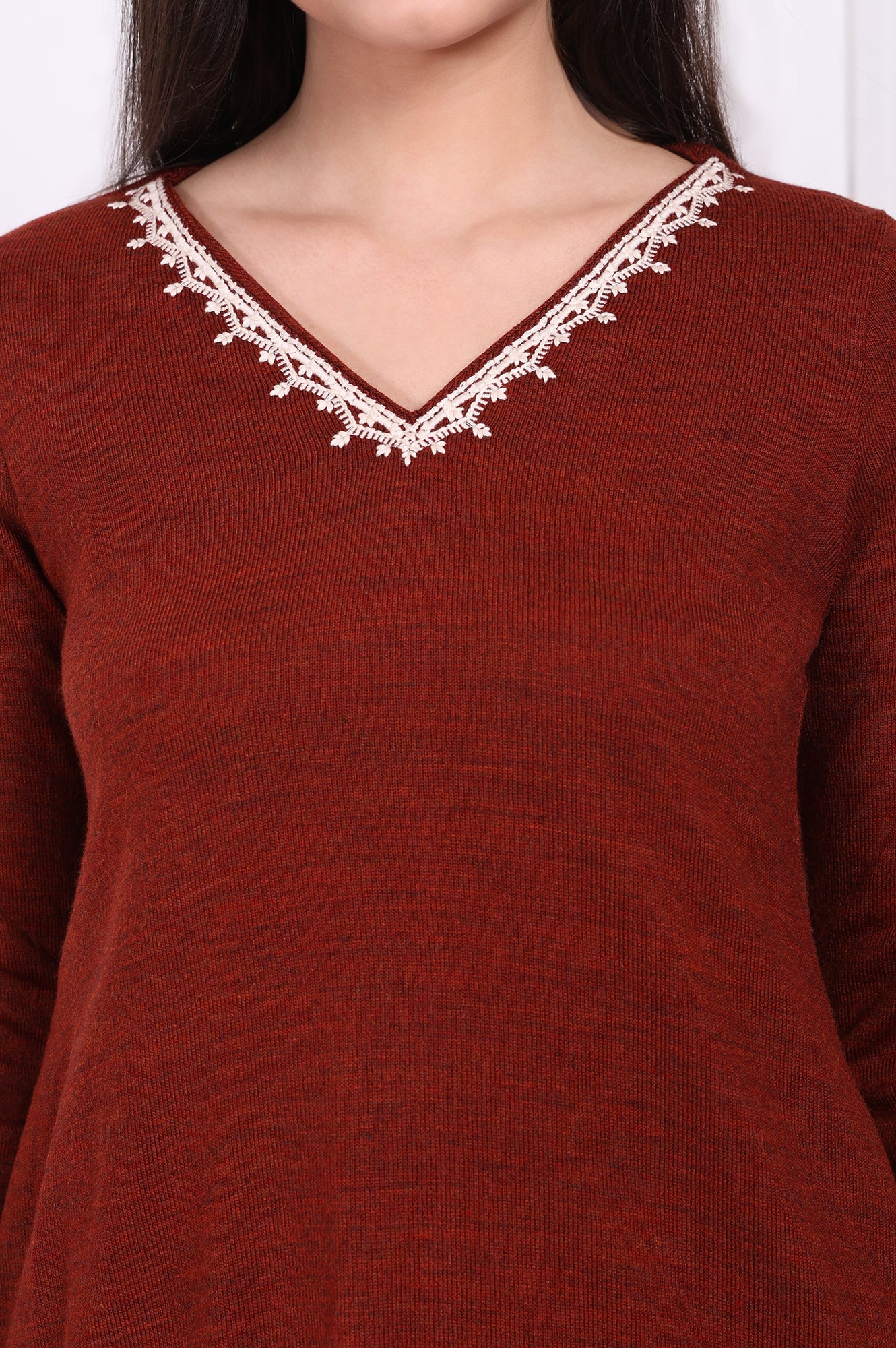 Rust Solid Thread Embroidered Acrylic Straight Tunic - Image 3