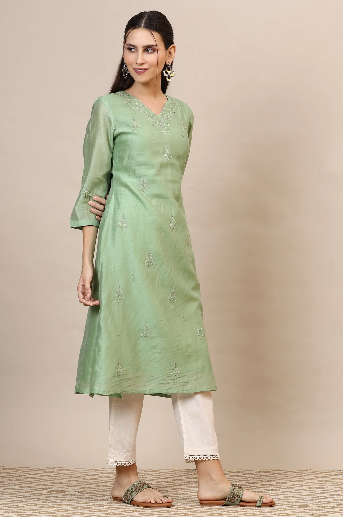 Sage Green Chikankari Kurta In Cotton Silk - Image 6