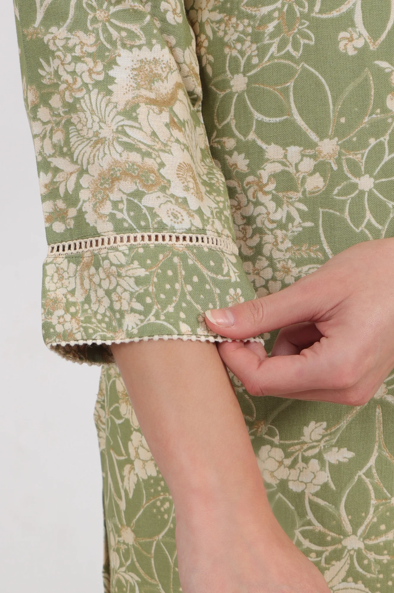 Sage Green Floral Printed Rayon Flax Straight Kurta with Lace - Image 8