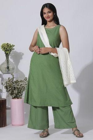 Sage Green Minimal Embroidered Kurta, Pants And Dupatta Set - Image 2