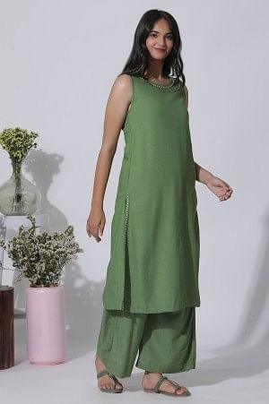 Sage Green Minimal Embroidered Kurta, Pants And Dupatta Set - Image 5