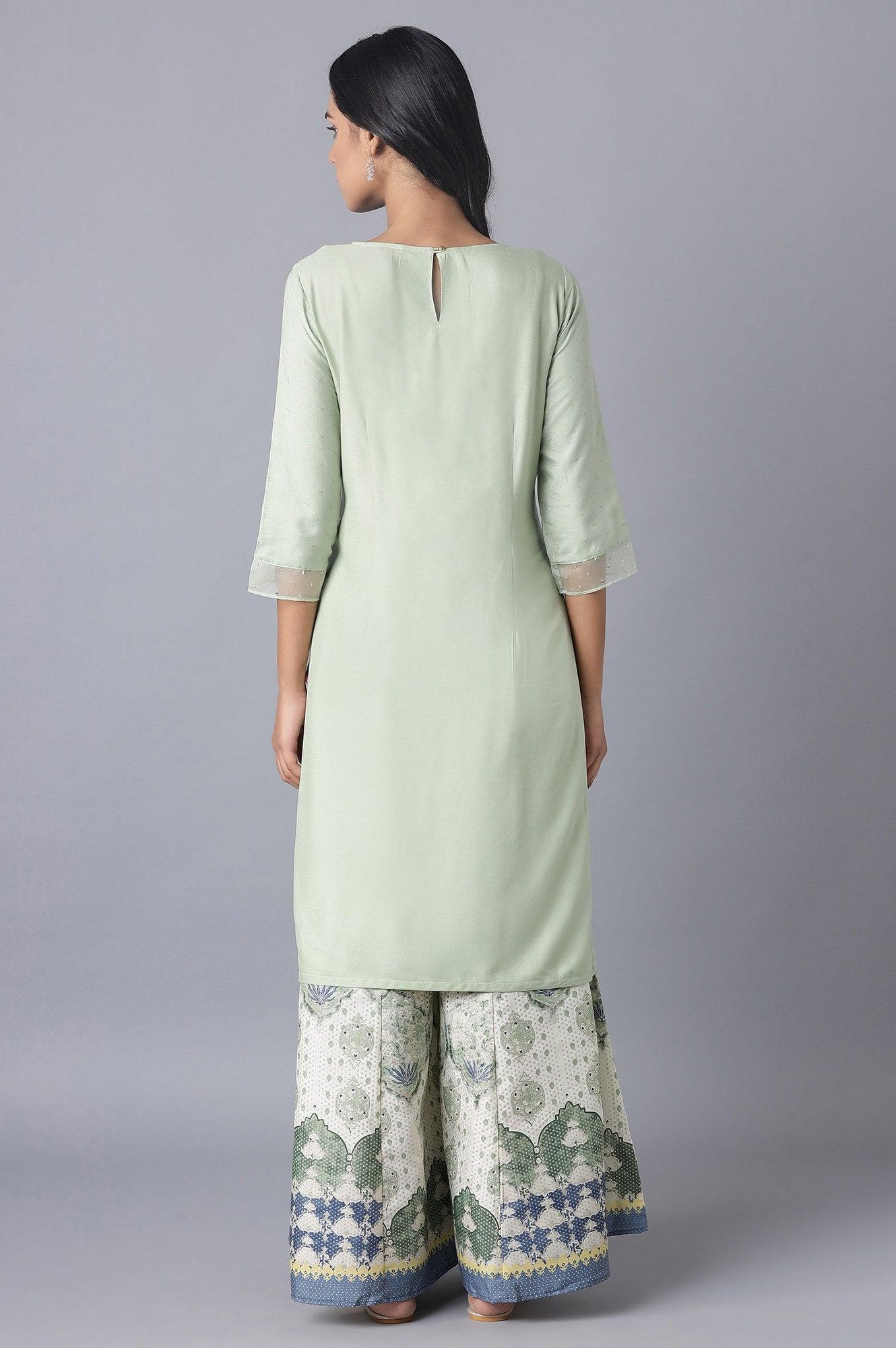 Sage Green Printed kurta with Organza Detail - Image 2