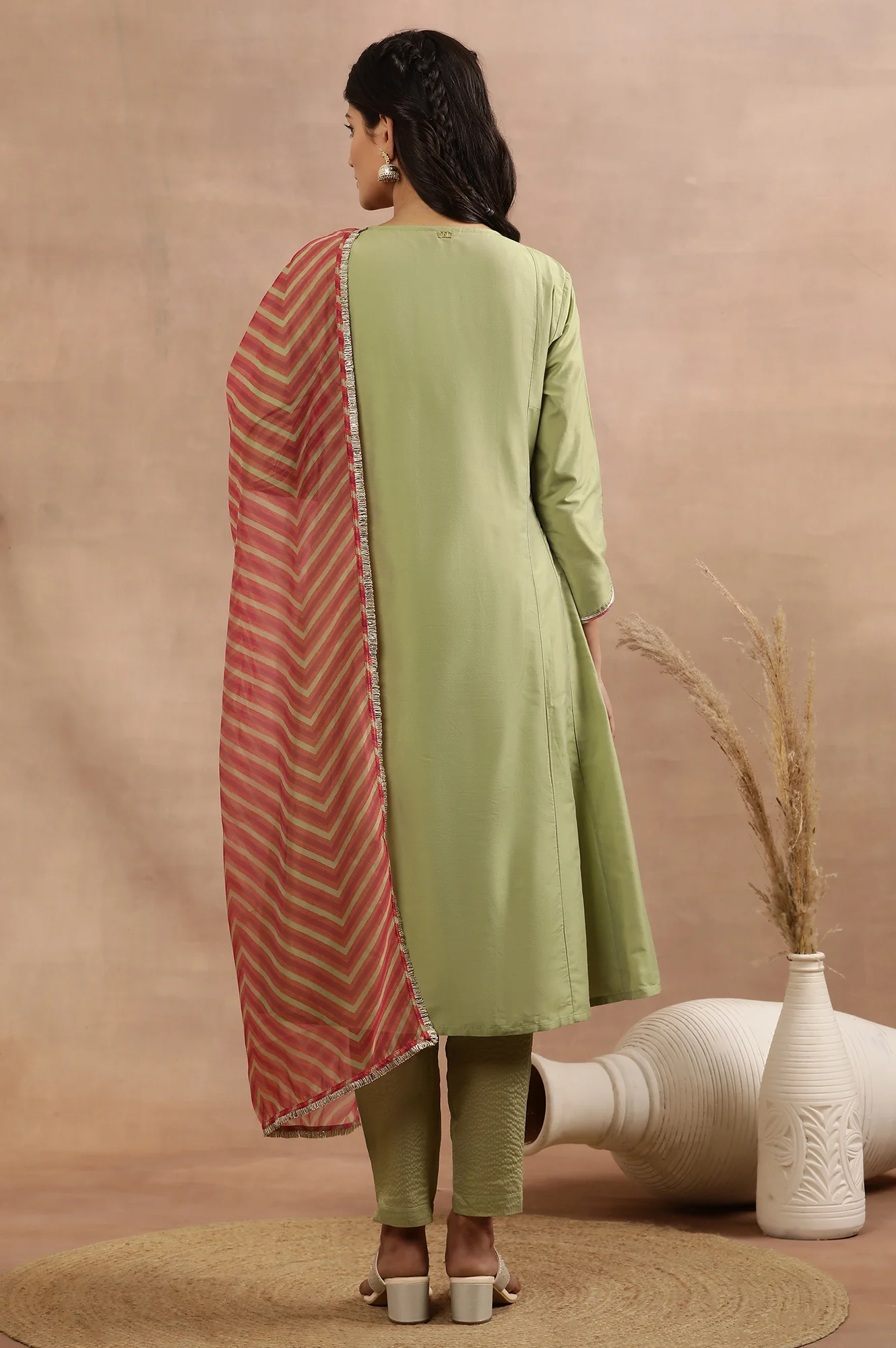Sage Green Zari Embroidered Flared Kurta, Pants And Dupatta Set - Image 4