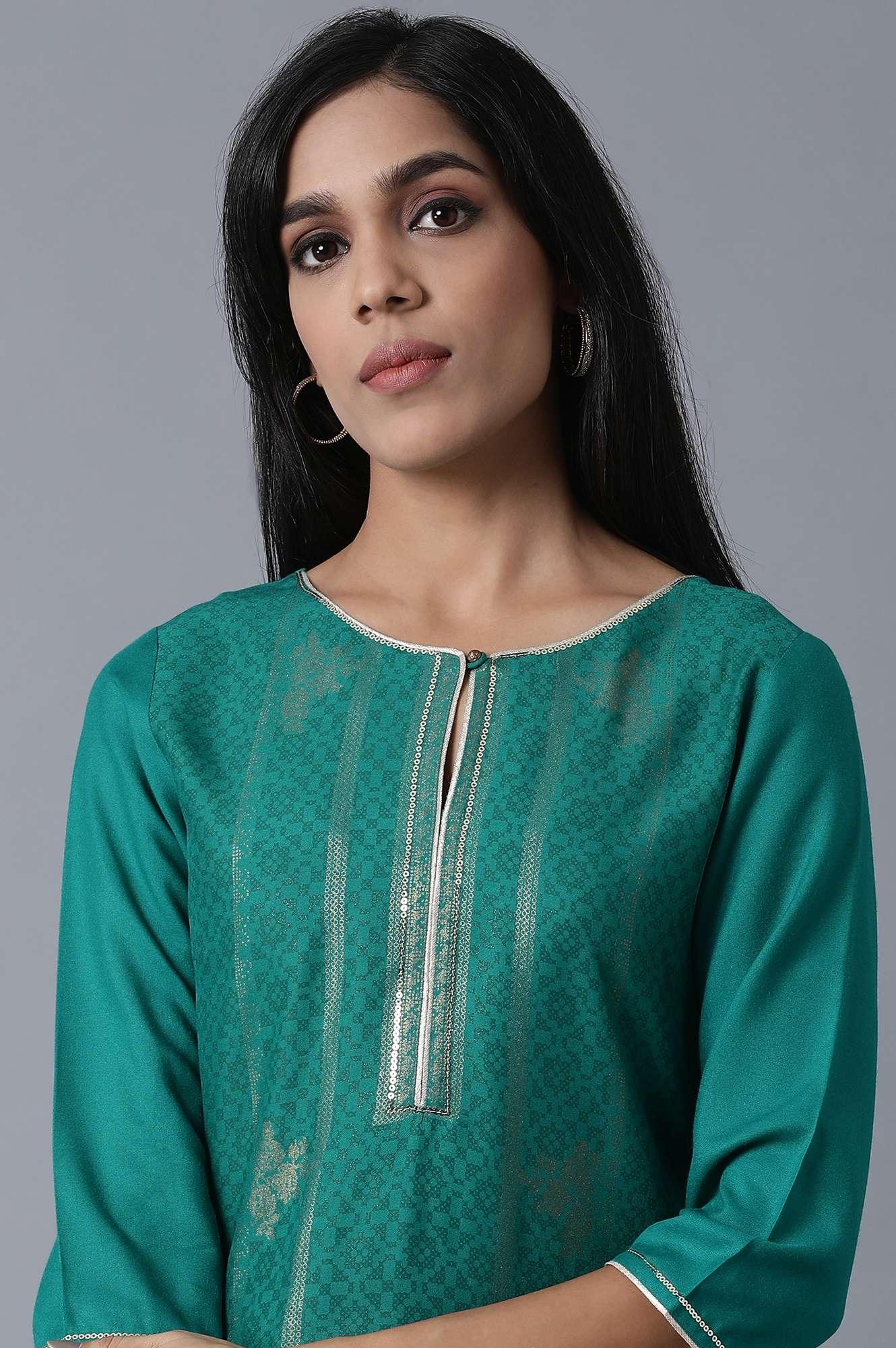 Sap Green Foil Print kurta In Keyhole Neck - Image 5