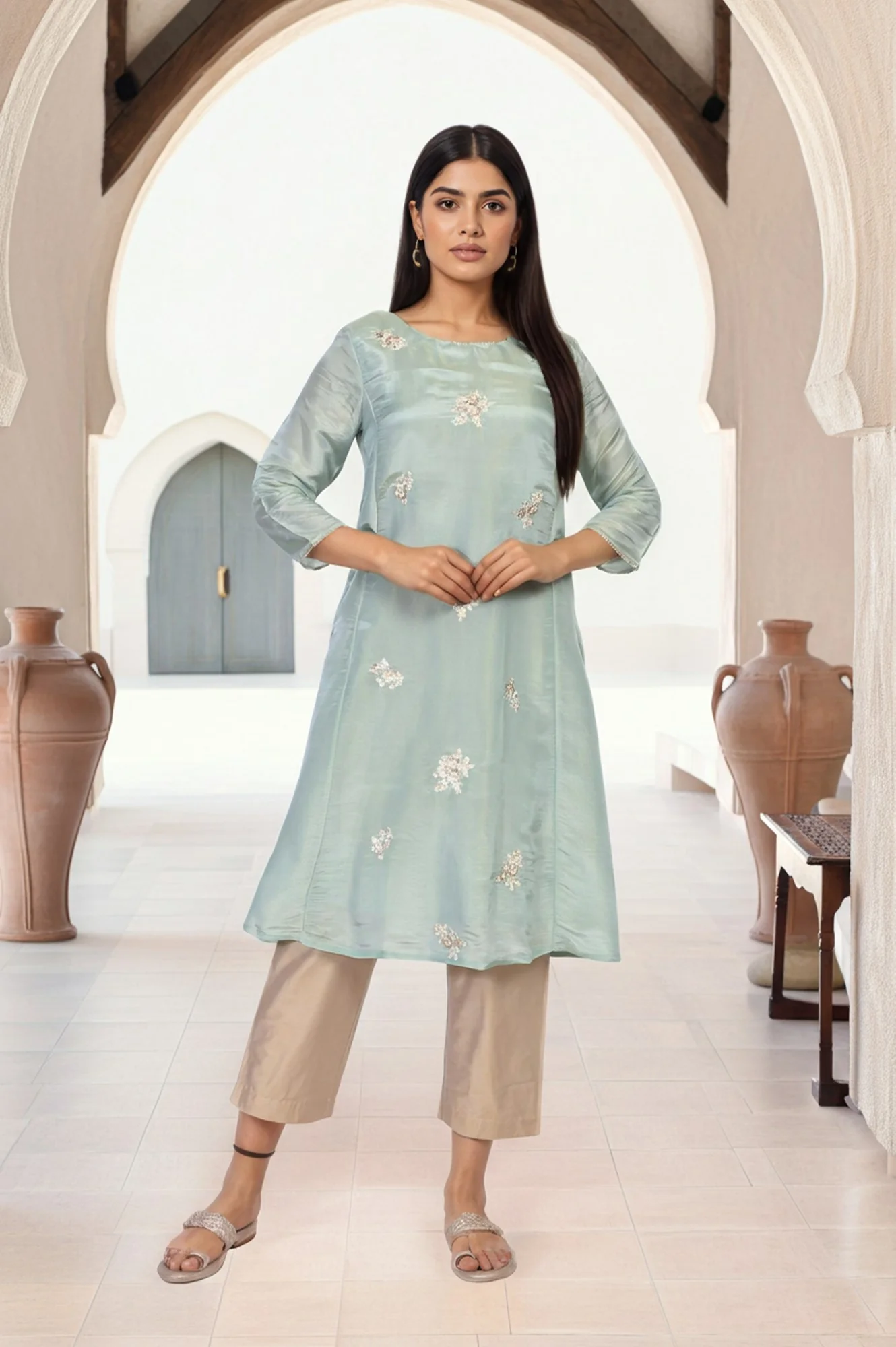 Sea Green Embroidered A-Line Tissue Kurta