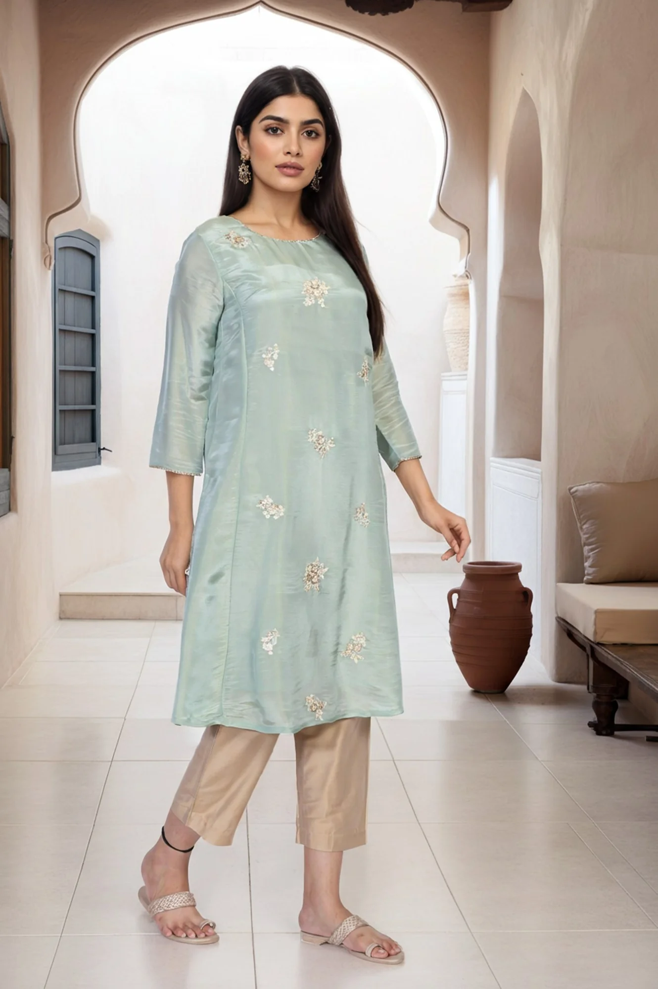 Sea Green Embroidered A-Line Tissue Kurta - Image 4