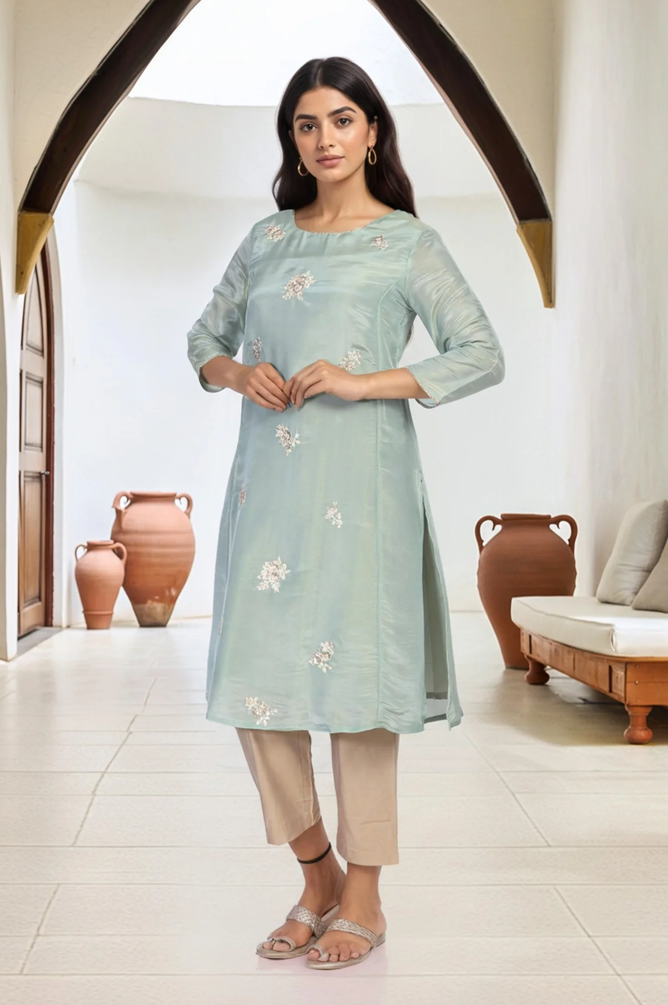 Sea Green Embroidered A-Line Tissue Kurta - Image 6