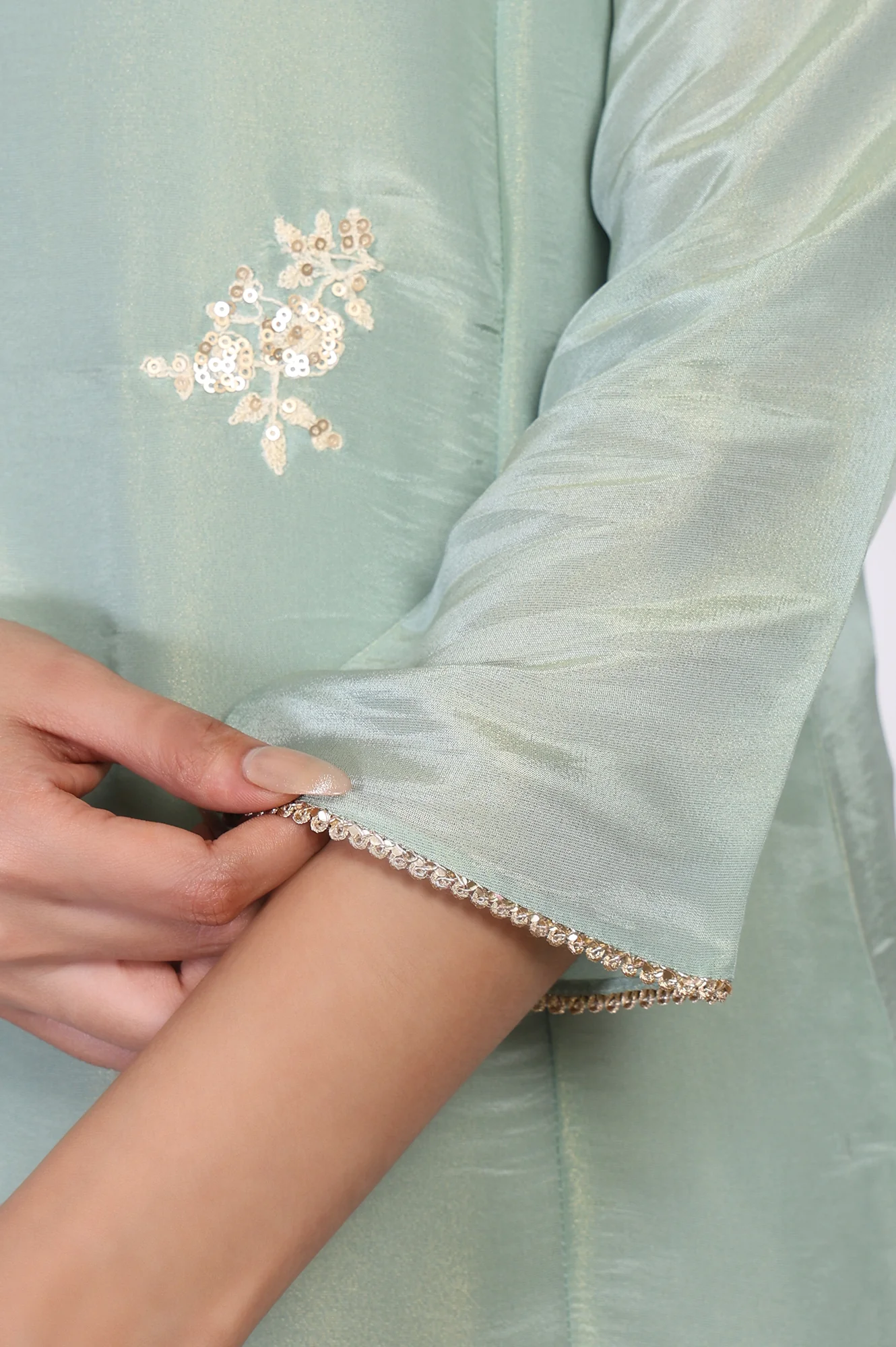 Sea Green Embroidered A-Line Tissue Kurta - Image 7