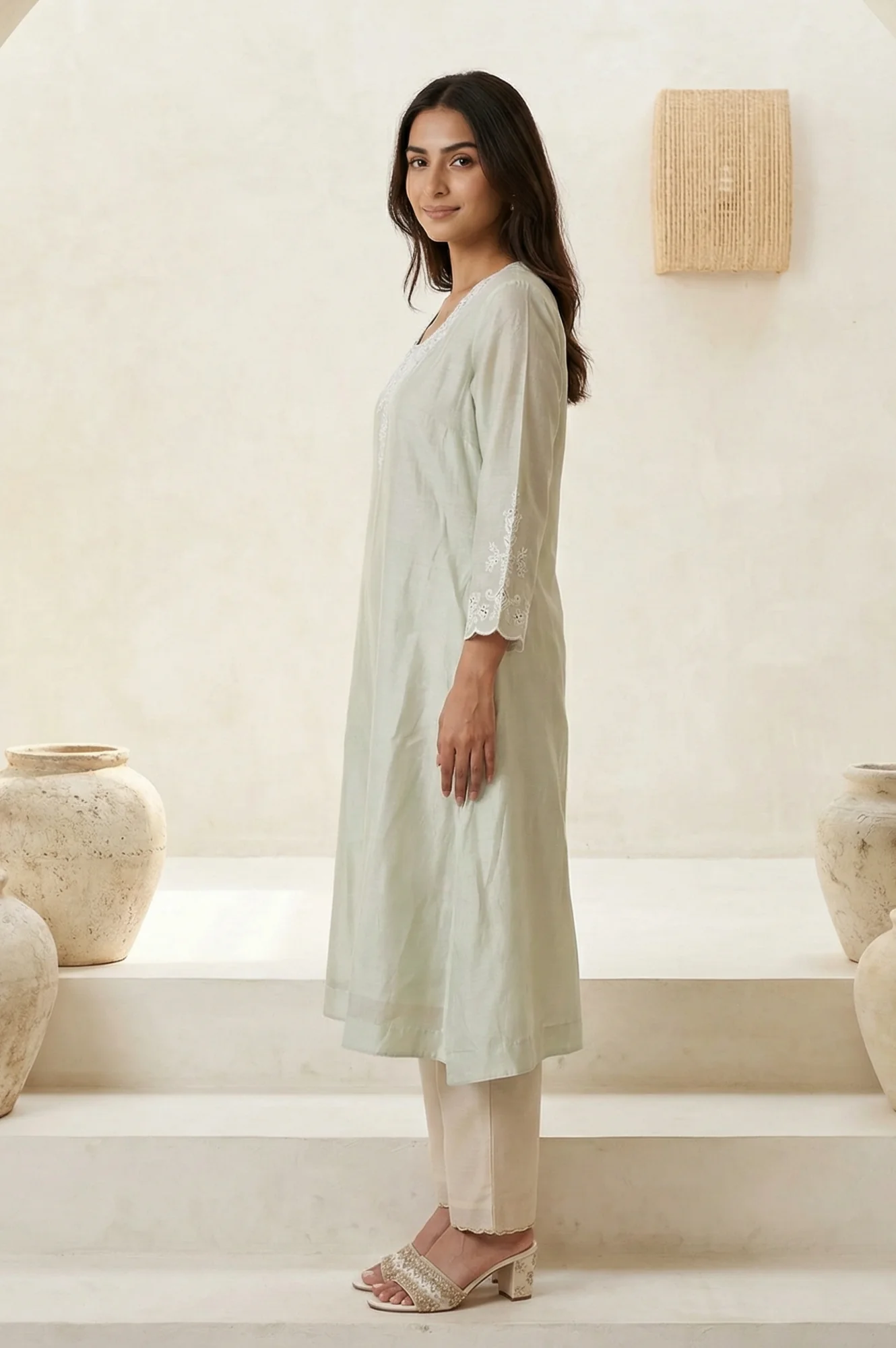 Sea Green Embroidered Pearl Work Cotton Blend A-line Kurta - Image 3