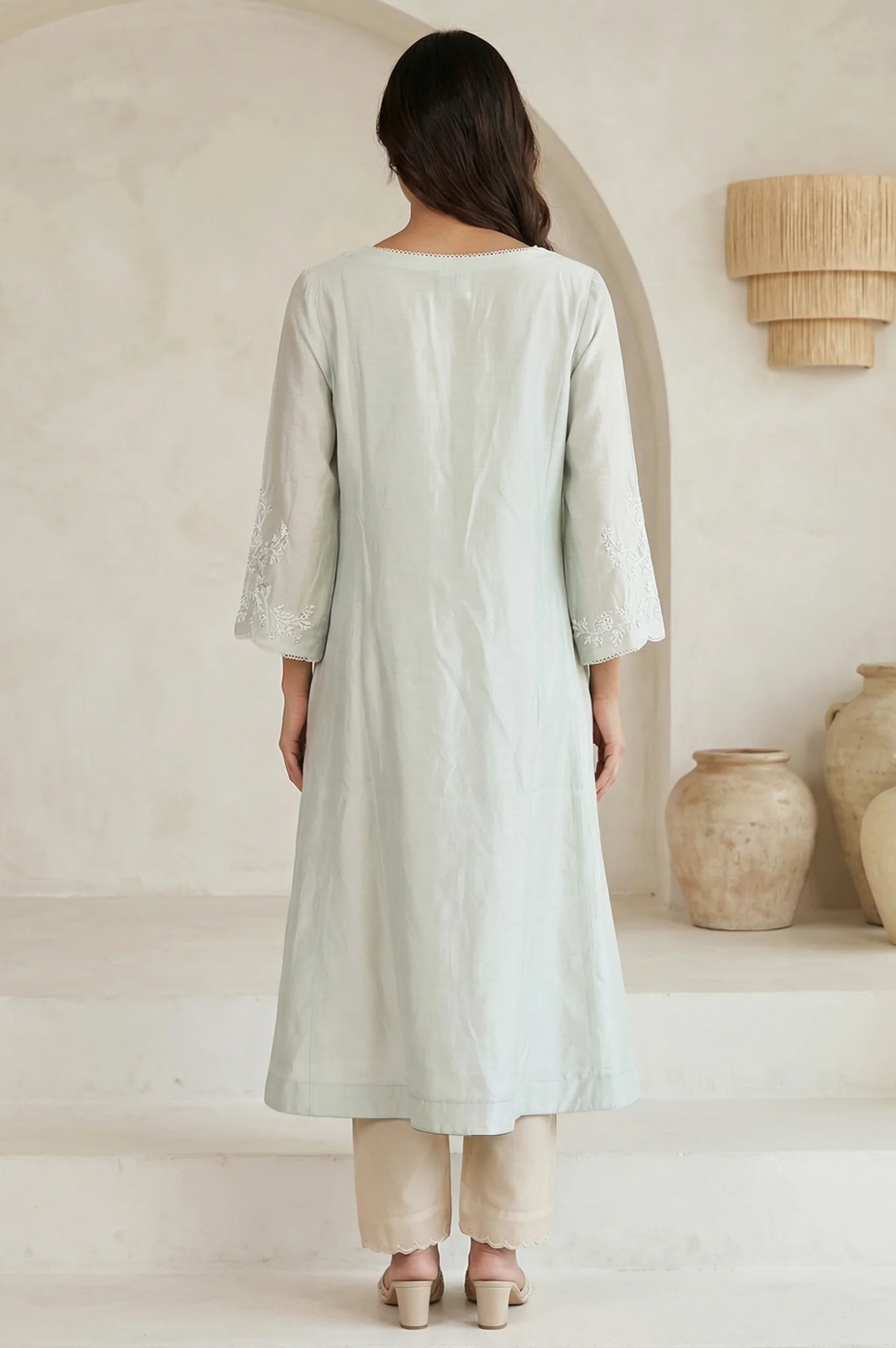 Sea Green Embroidered Pearl Work Cotton Blend A-line Kurta - Image 4