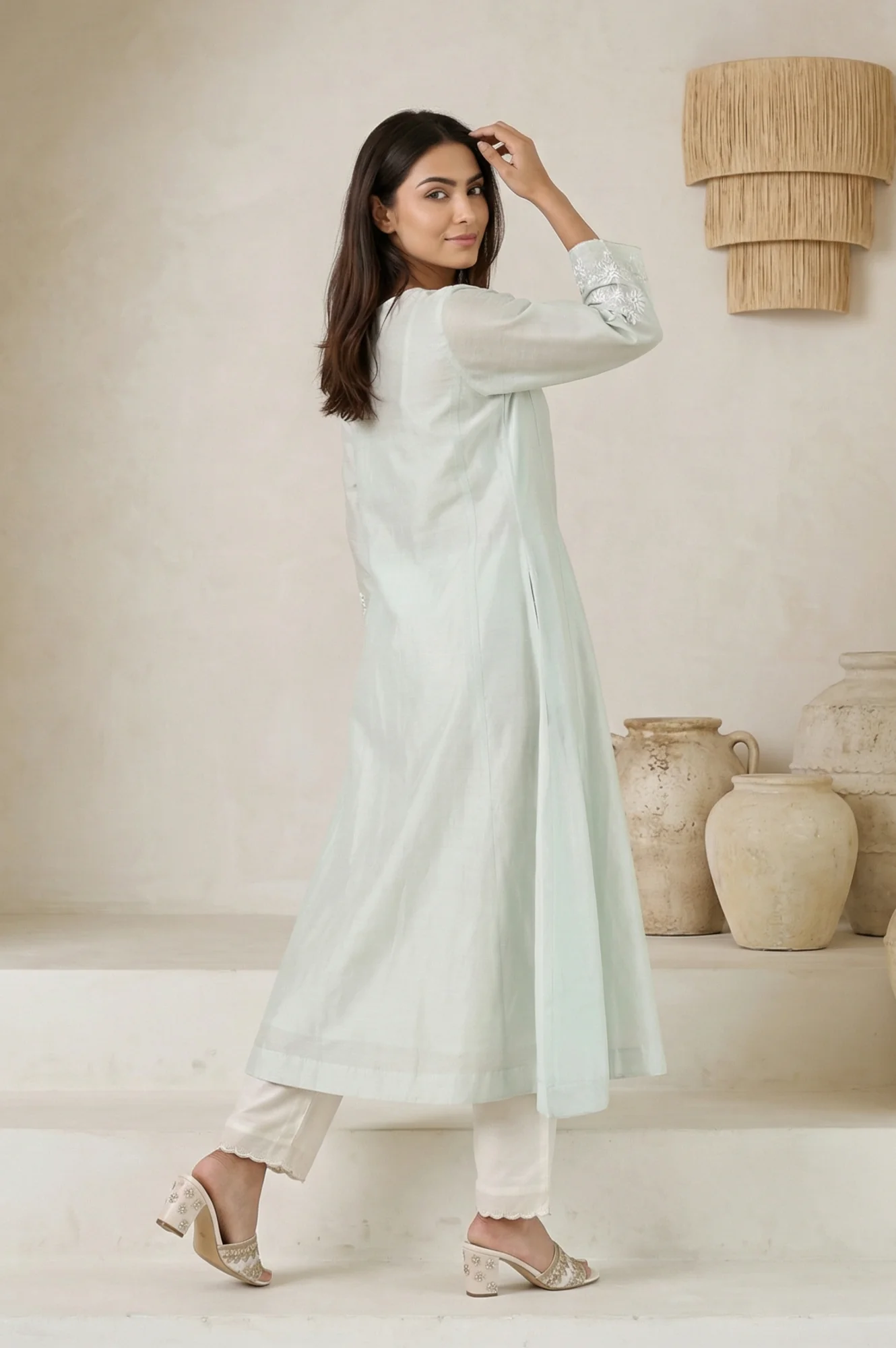 Sea Green Embroidered Pearl Work Cotton Blend A-line Kurta - Image 5
